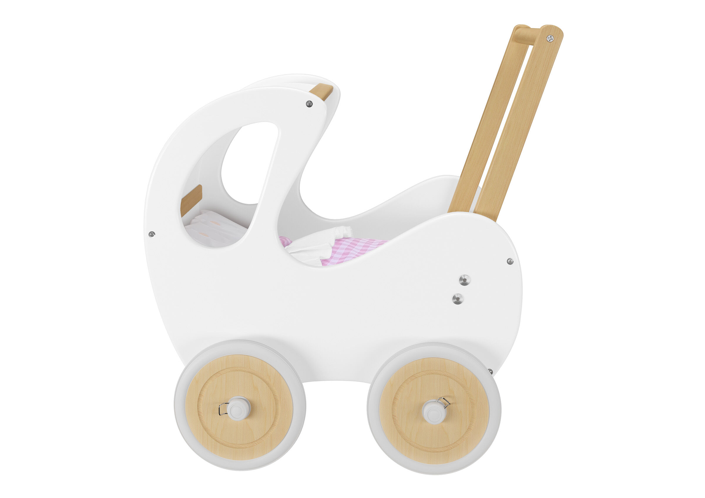 Kinderwagen, Bob-Set, Holzrad, Weiß, Sitzkutsche, Seitenansicht weißer Puppenwagen