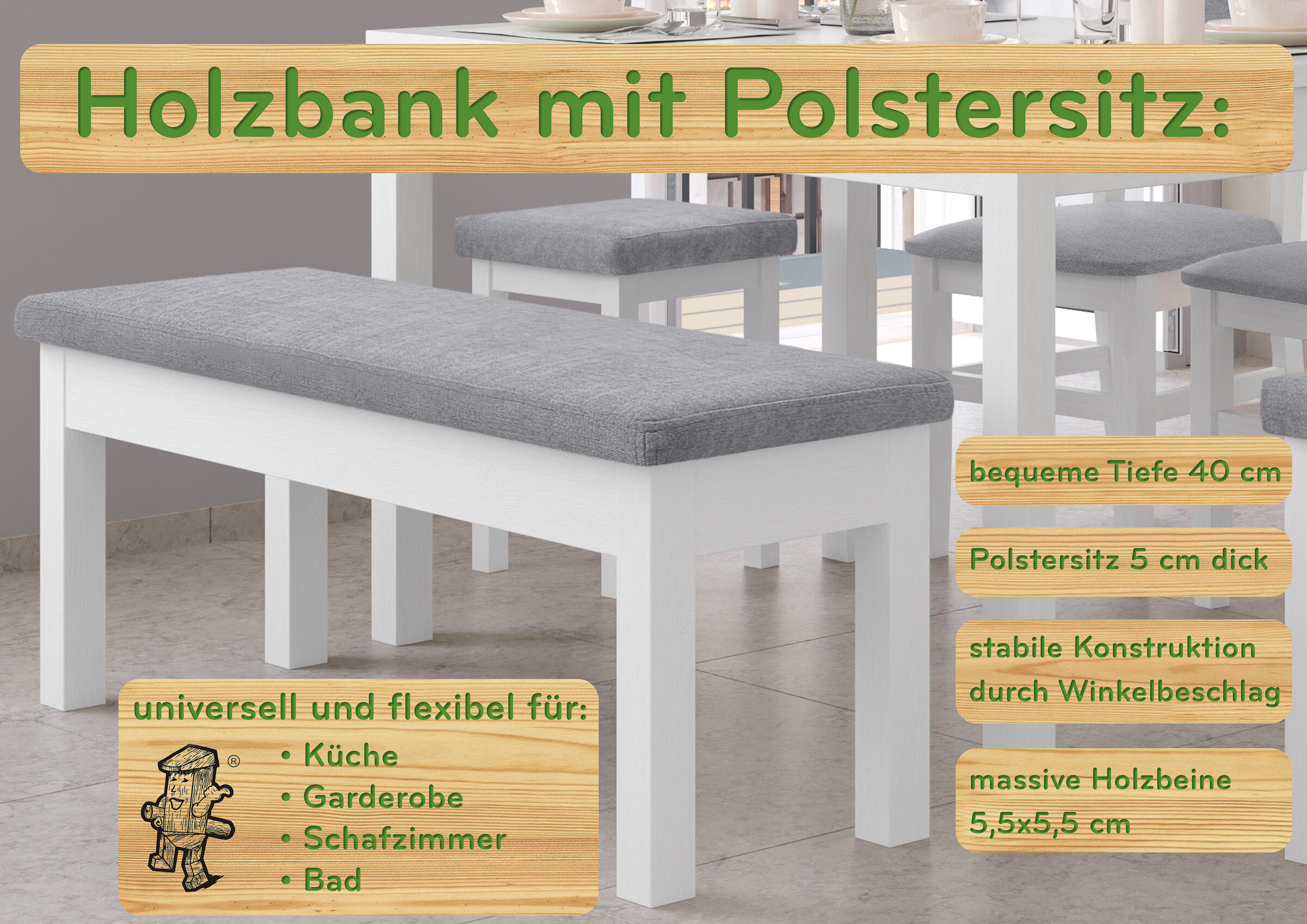 Holzbank, Polstermöbel, Graue Polsterung, weiße Holzbank, Küchenbank, Holzbank mit Polstersitz