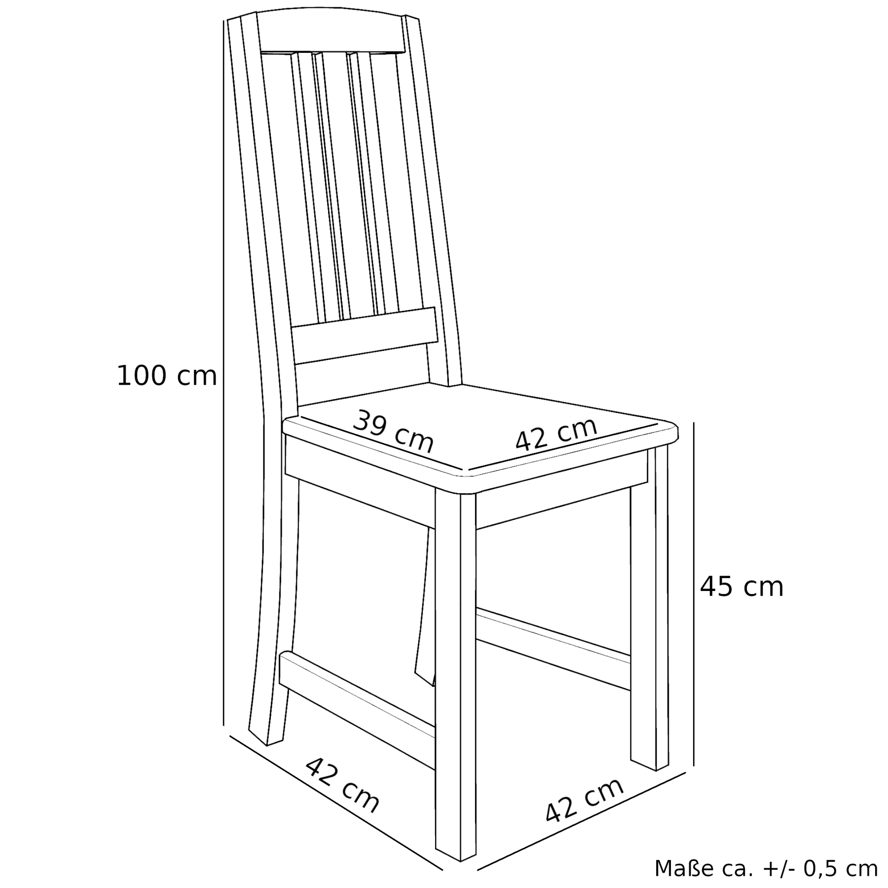 Stabiler Holzstuhl aus massiver Kiefer, Modell 22, klar lackiert, modernes Design - hohe Lehne mit Längsstreben, Schema mit Maße Stabiler Holzstuhl aus massiver Kiefer, Modell 22, klar lackiert, modernes Design - hohe Lehne mit Längsstreben, Schema mit Maße