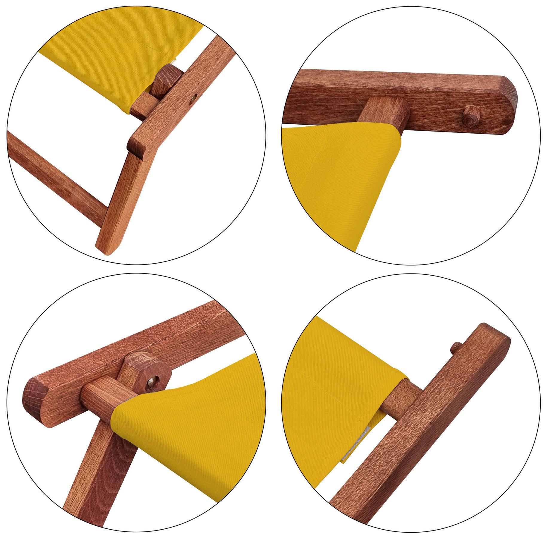 holz, stuhl, lampenschirm, gelb, dreieckige schirmhalter, Dunkles Fußteil mit Stofffarbe gelb im Detail