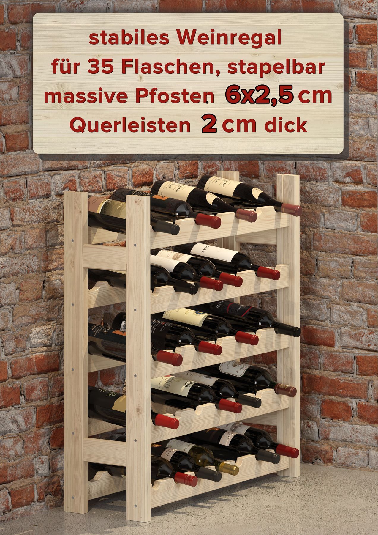 Weinregal, Flaschenregal, Holzregal, Weinlagerung, 6x2,5 cm Querleisten, Einzelregal zum stapeln