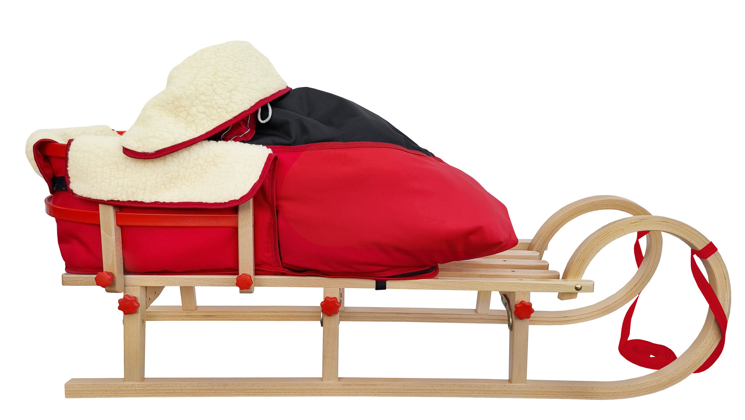 Schlitten, Schlitten mit Stoffdecke, Holzschlitten, rote Decke, Fellrand, Hörnerschlitten mit Fußsack