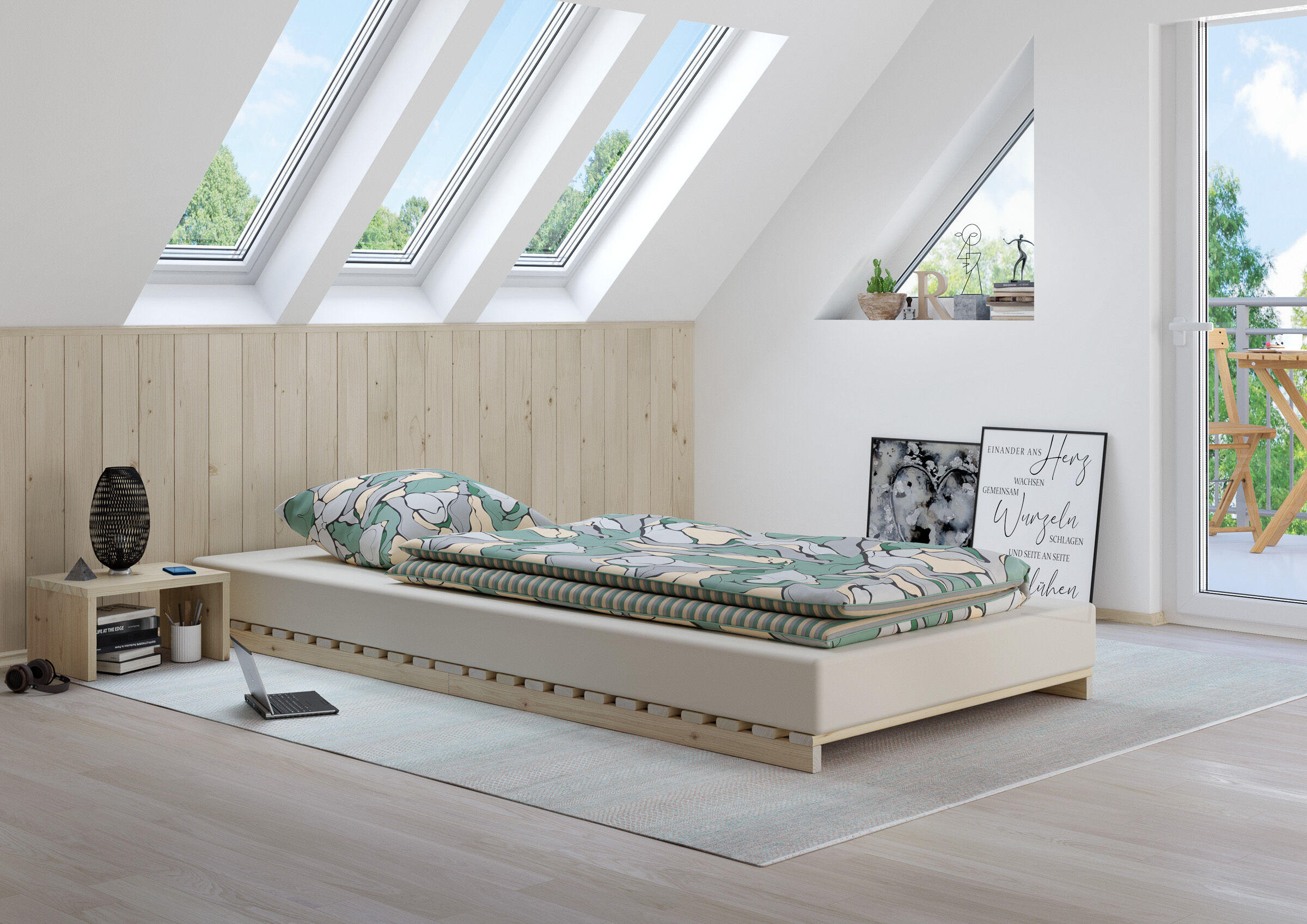 Fenster, Dachfenster, Bett, Mobiliar, Laptop, Metallfreies Bett/Lattenrost 90x220 aus Fichte/Tanne