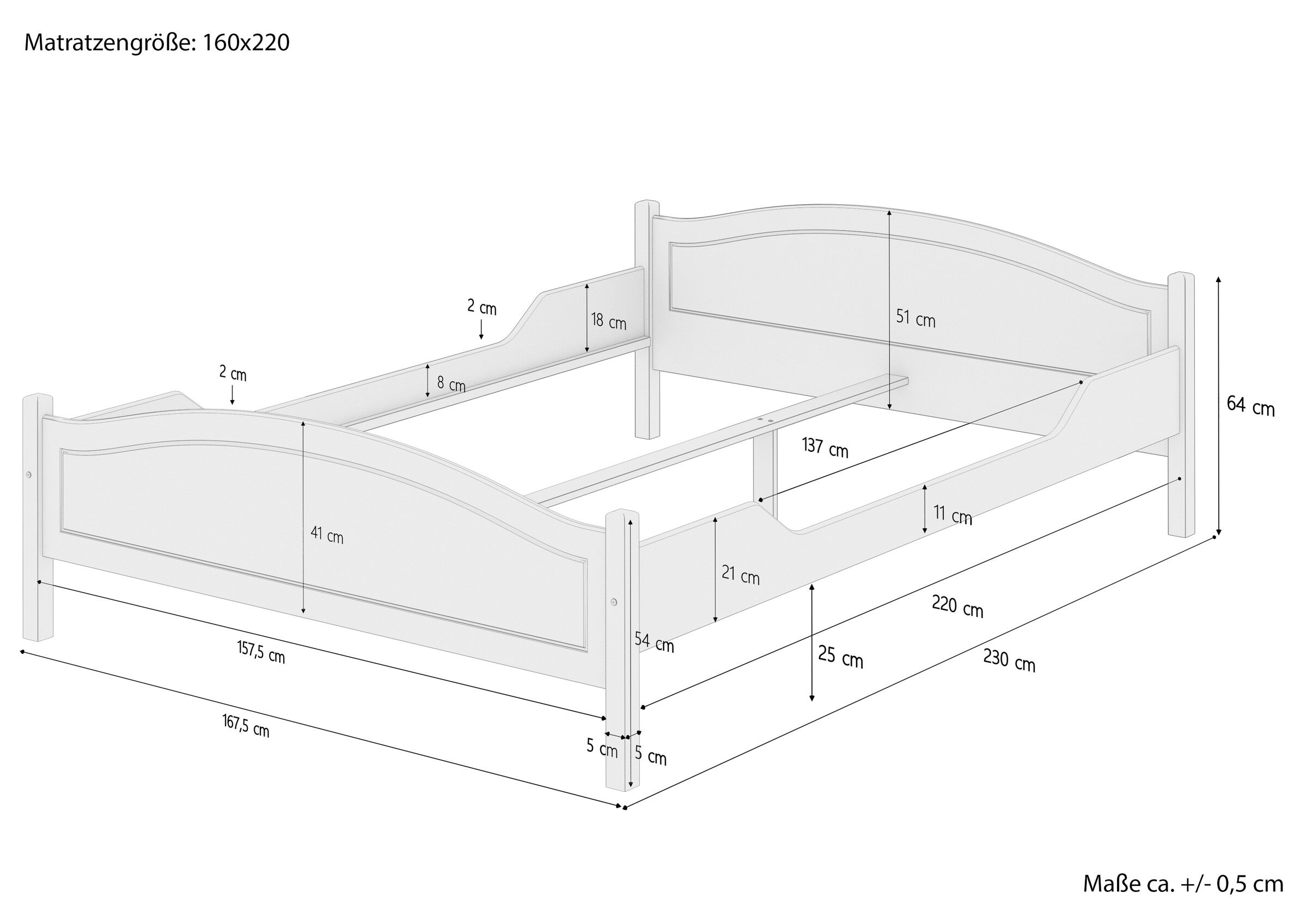 Kinderbett, Holzbett, Lattenrost, Matratzengröße 160x220, Kopf-/Fußteil geschnitzt, Maßskizze