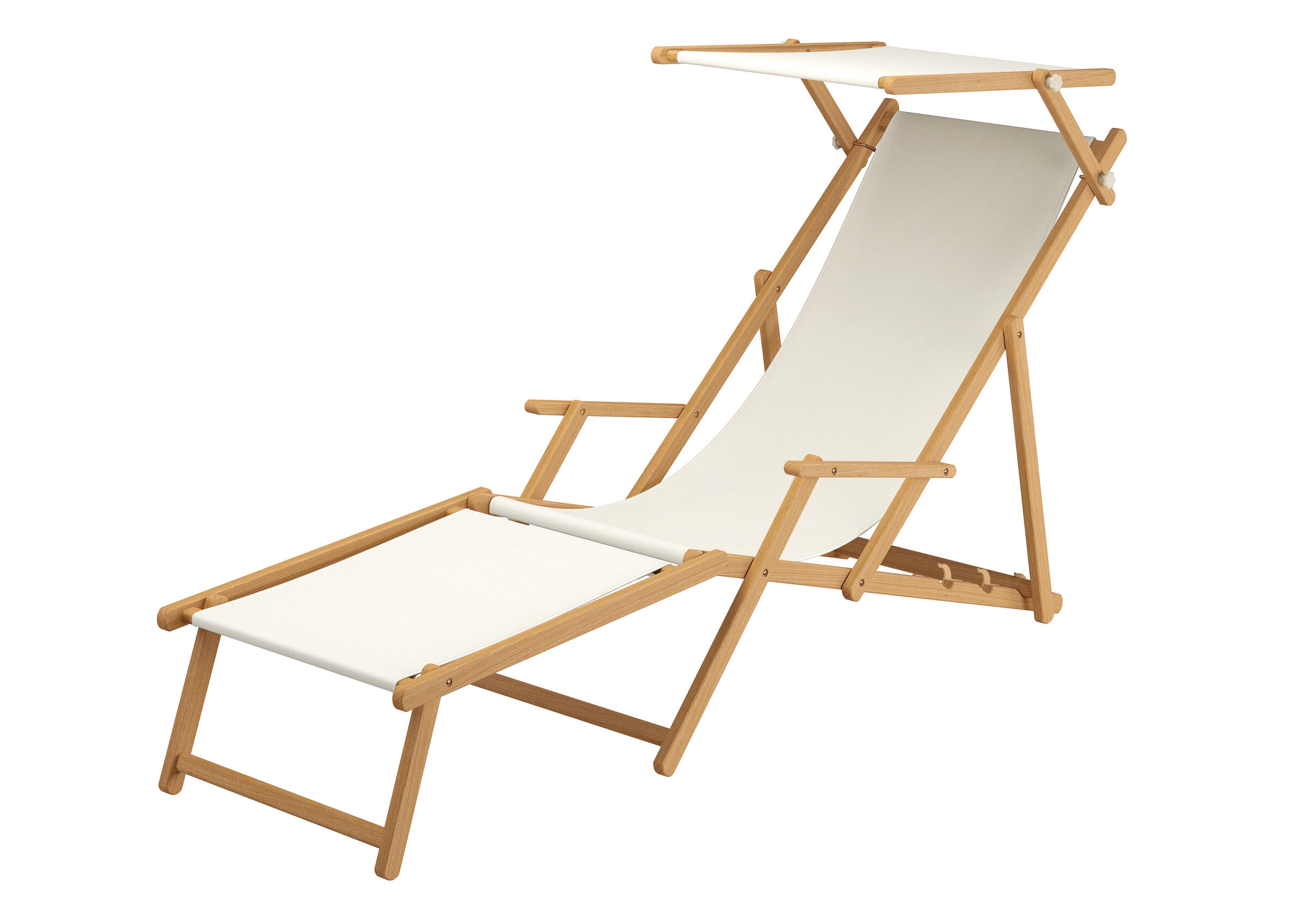 Strandstuhl, Liegestuhl, Holz, Beige Stoff, Kopfbedeckung?, Gartenstuhl mit Sonnendach und Fußteil Stofffarbe weiß/creme