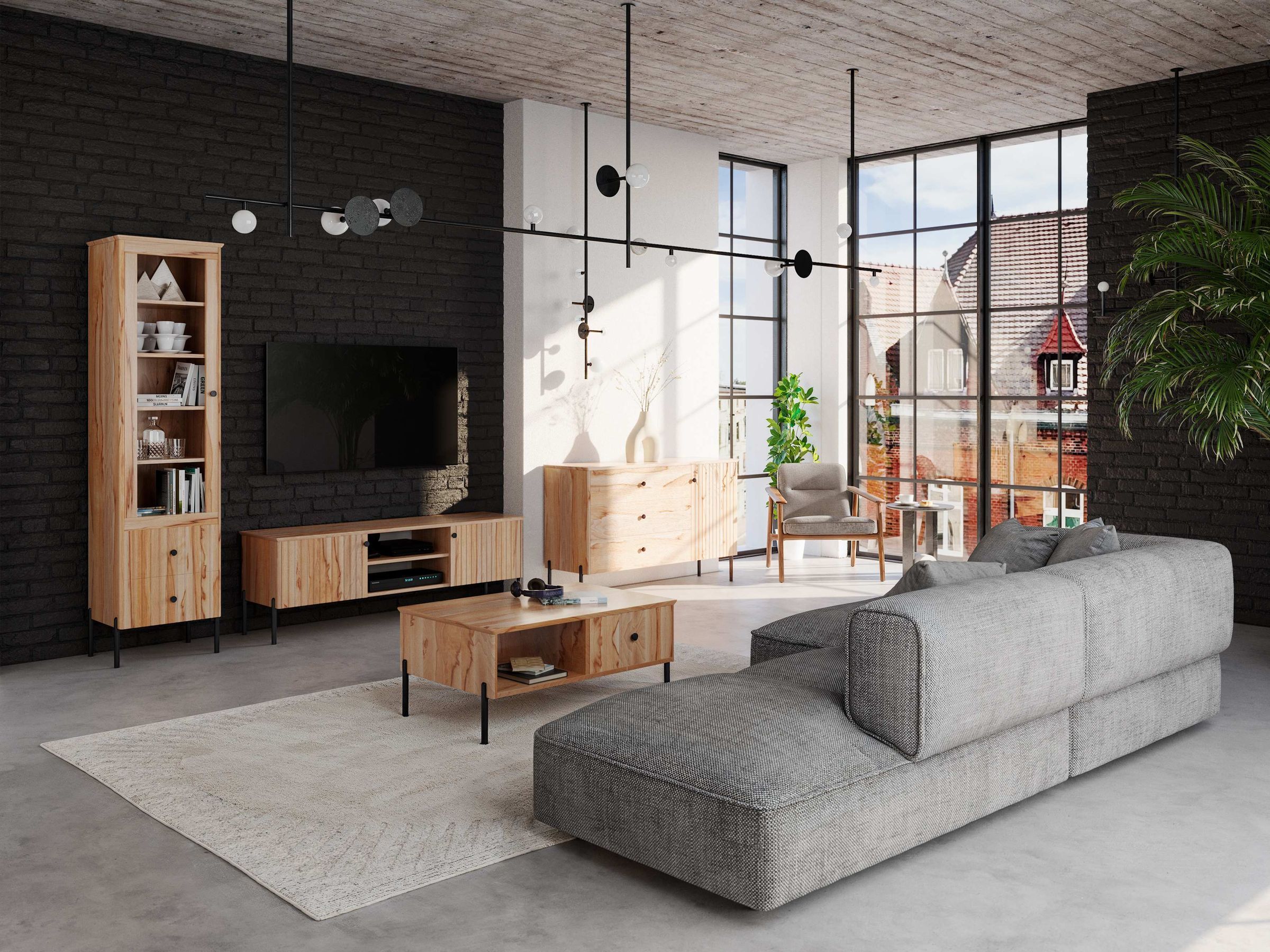 Wohnzimmer, Sofa, Holzmöbel, TV-Möbel, Großzügiger Innenraum, Wohnzimmerbild des Lowboards aus Kernbuche