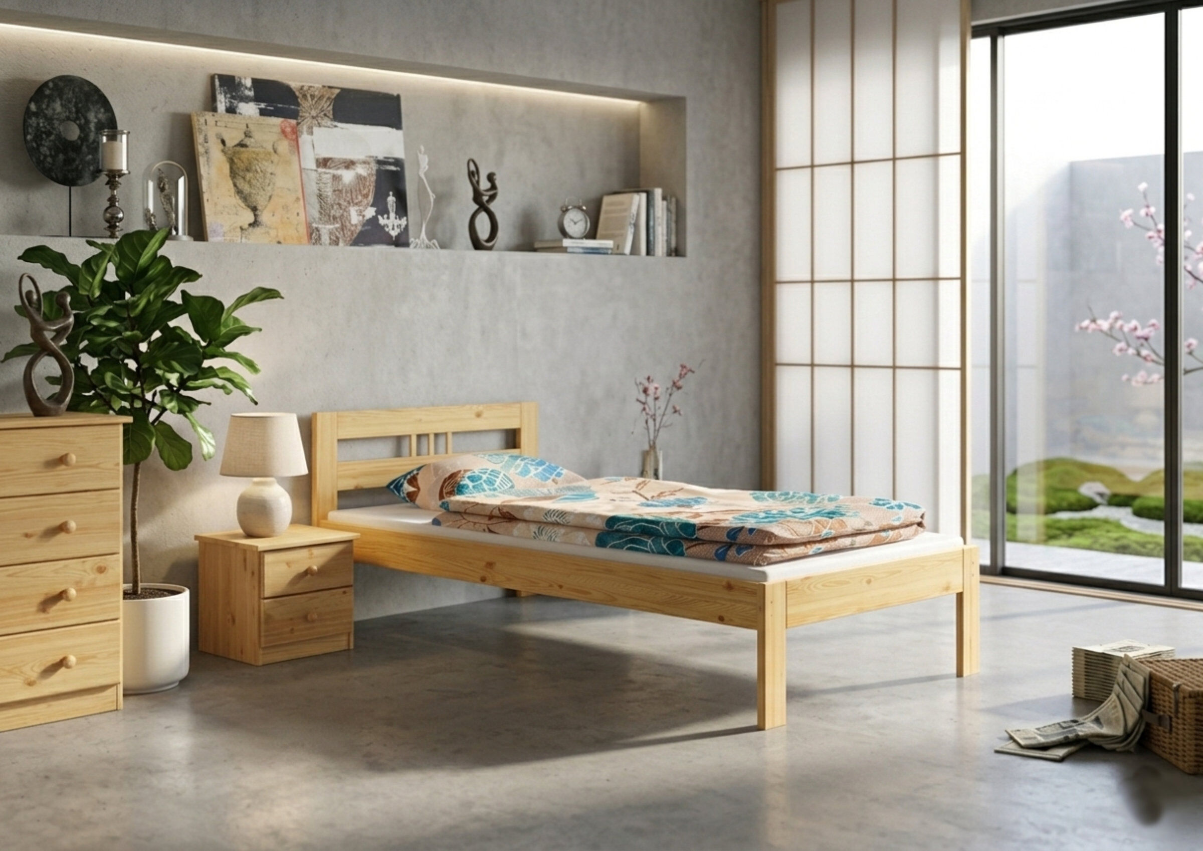 Holzbettrahmen, Einzelbett, Bettgestell, Baumholz, Bettwäsche-Muster, Zimmerbild Kiefer Bett natur