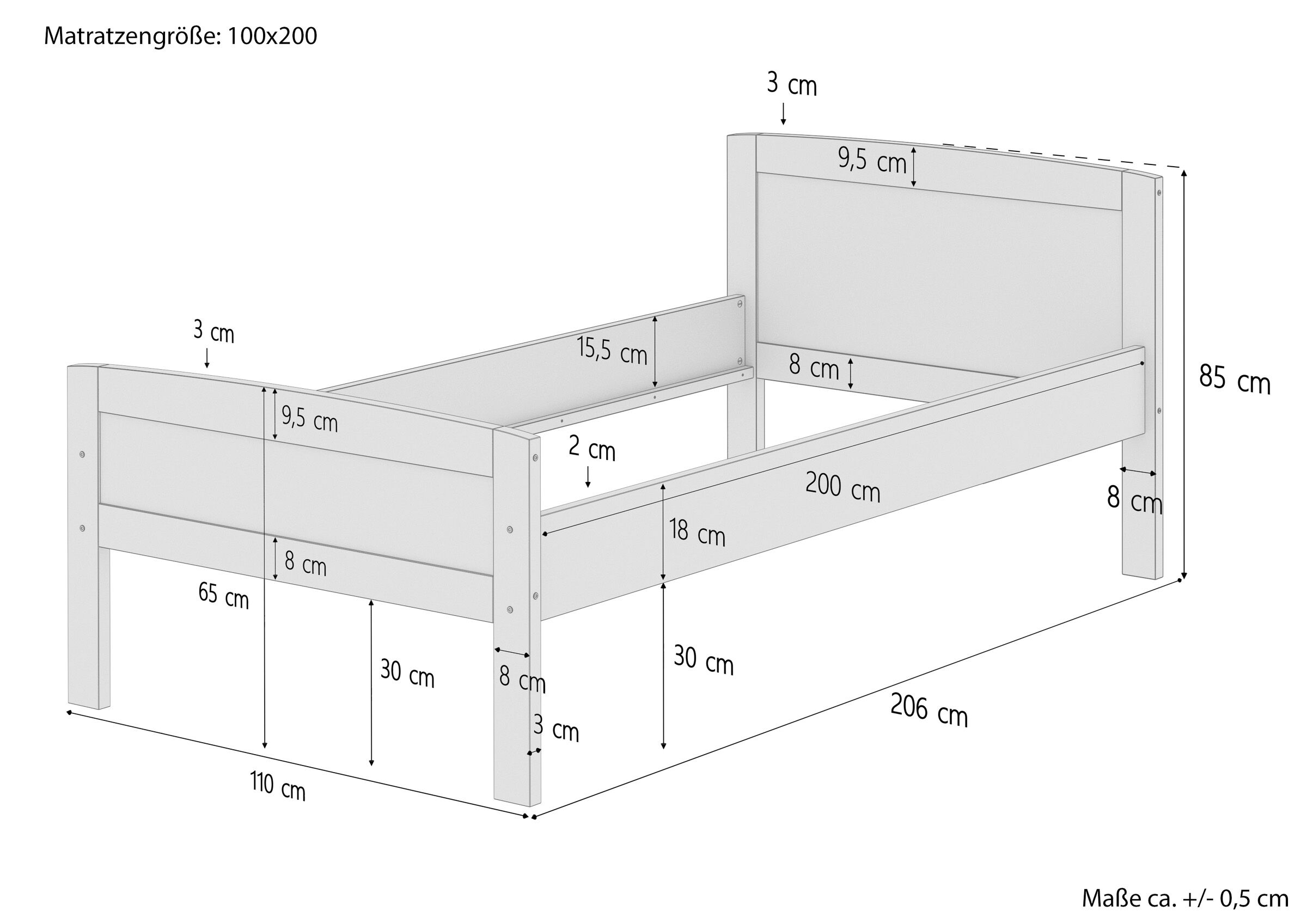 Einzelbett, Holzbett, Kopfteil, Lattenrost, Maße-206x85x110, Skizze mit Maßangaben
