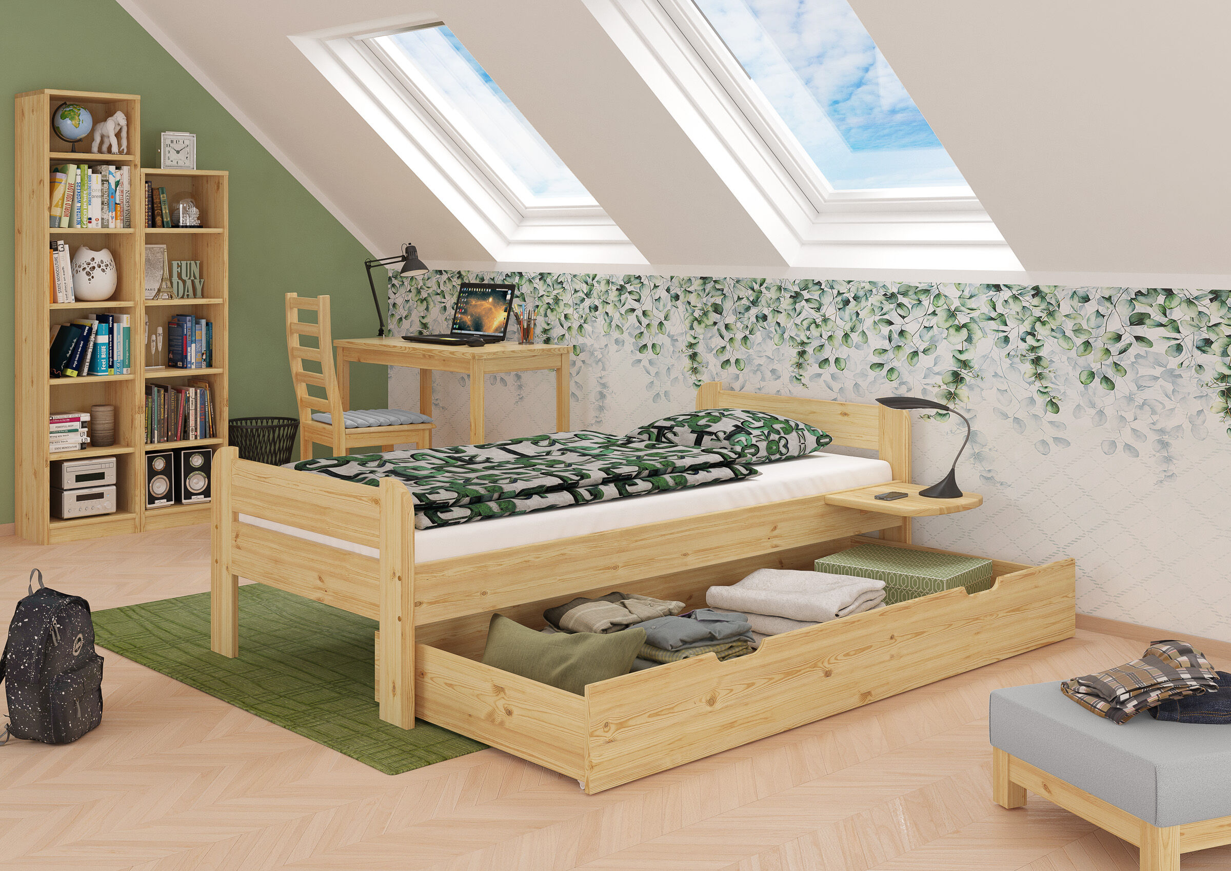 bett, Holzbetten, Korb, Bücherregal, Schreibtisch, Schlafzimmerbild Kiefer Bett mit Bettkasten