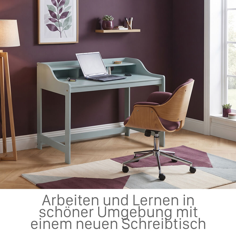 Schreibtisch, Büro, Laptop, Stuhl, lila Wand,