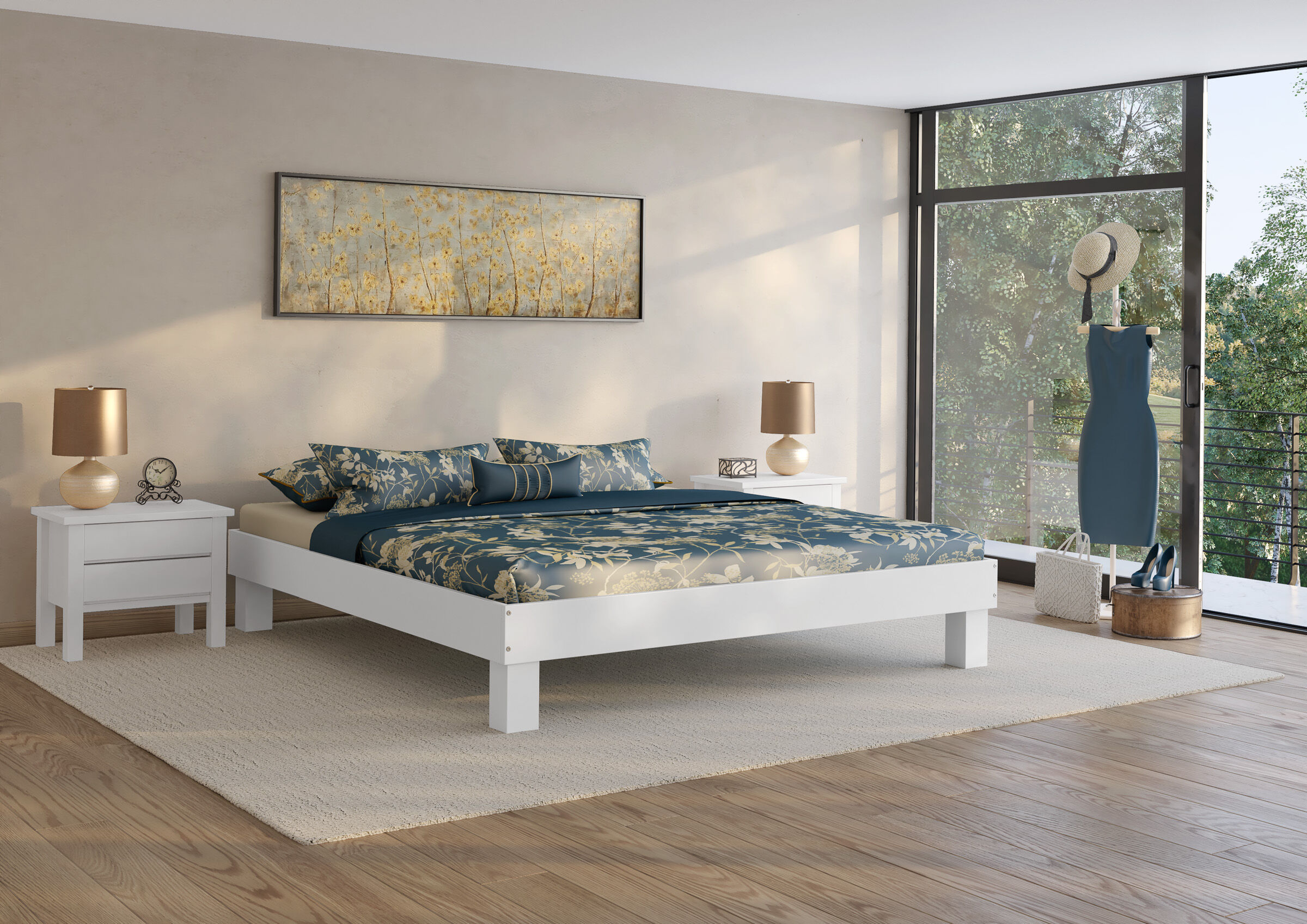 Bett, Schlafzimmer, weißer Rahmen, blaue Blumenkissen-Bettwäsche, Nachttische, Zimmerbild des waschweißen Holzbettes 200x200