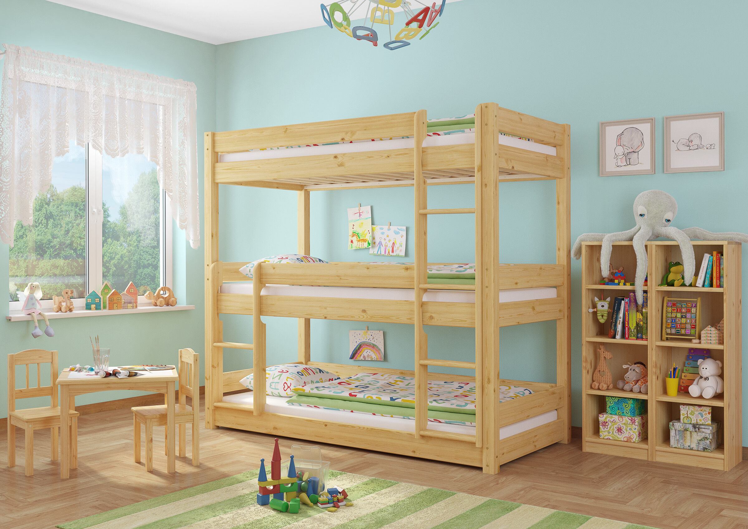 Etagenbett, Holz-Etagenbett, Kinderzimmer, Türkis Wand, Spielzimmer Möbel, Kinderzimmer mit Dreier Stockbett Kiefer natur