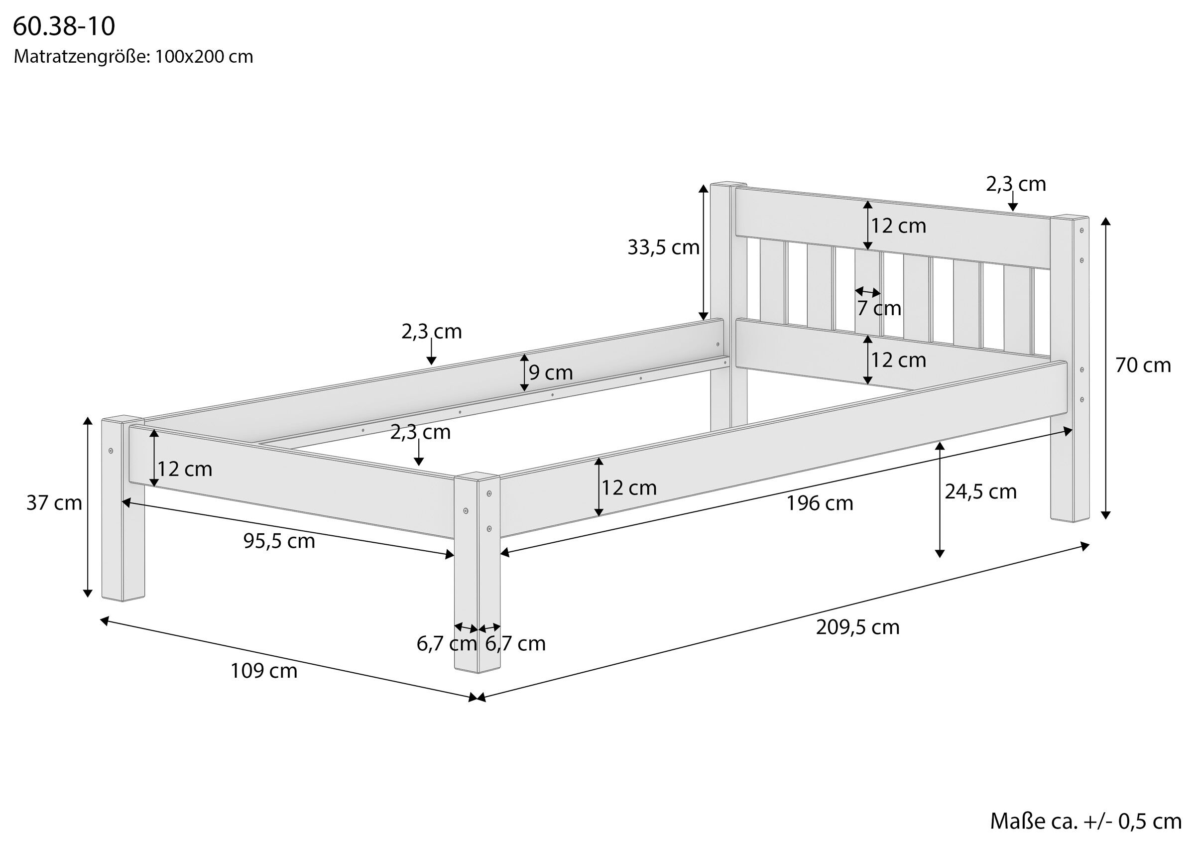 Holzbettrahmen, Bettgestell, Holzrahmen, Lattenrost-freistehend, Matratzenbett-Rahmen, Maßangaben des Einzelbettes 100x200
