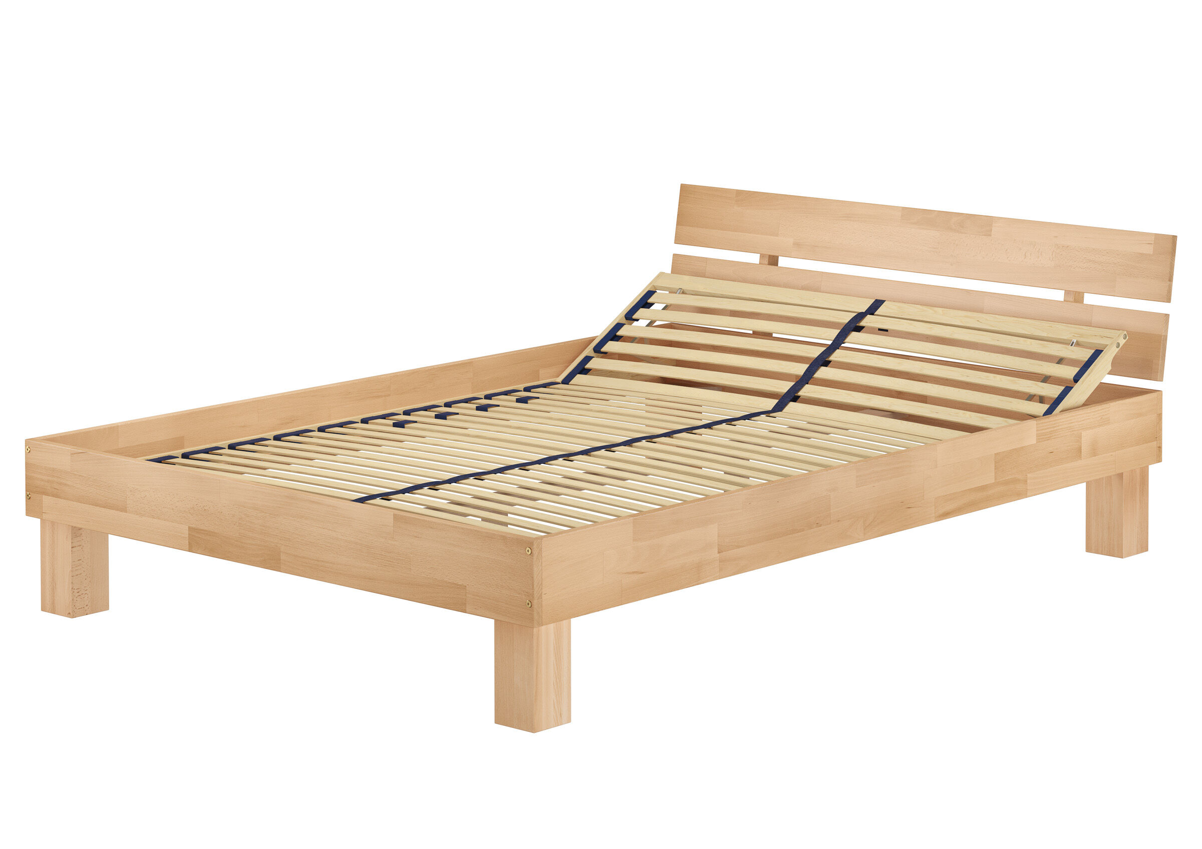 Holzbettrahmen, Bettgestell, Holzbett, Lattenrost, Doppelbett, Zeitloses Doppelbett aus Buche mit Federholzrahmen