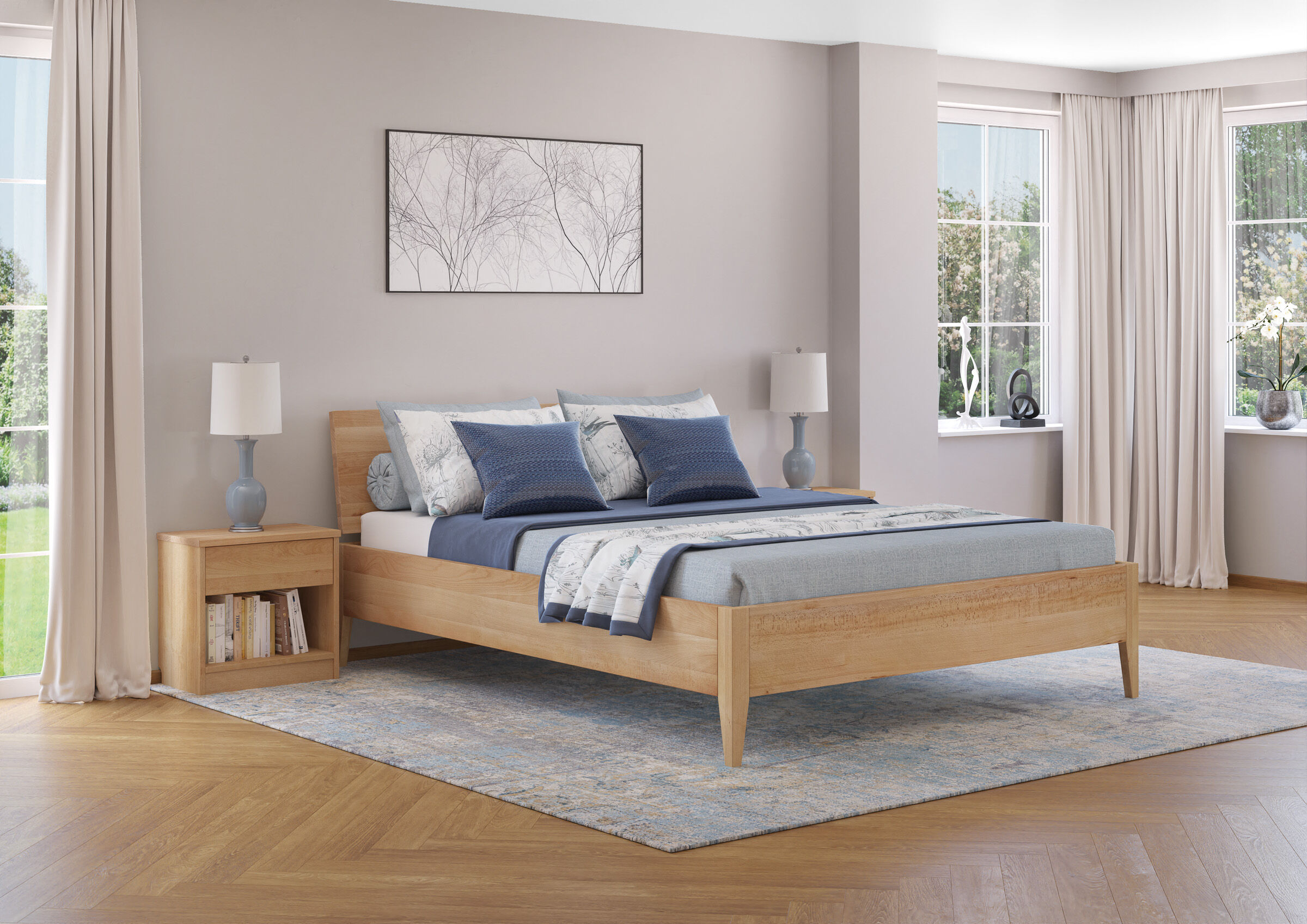 bett, holzbett, nordisch, blau, nachtkonsole, Holzbett geölt 160x200 metallfrei