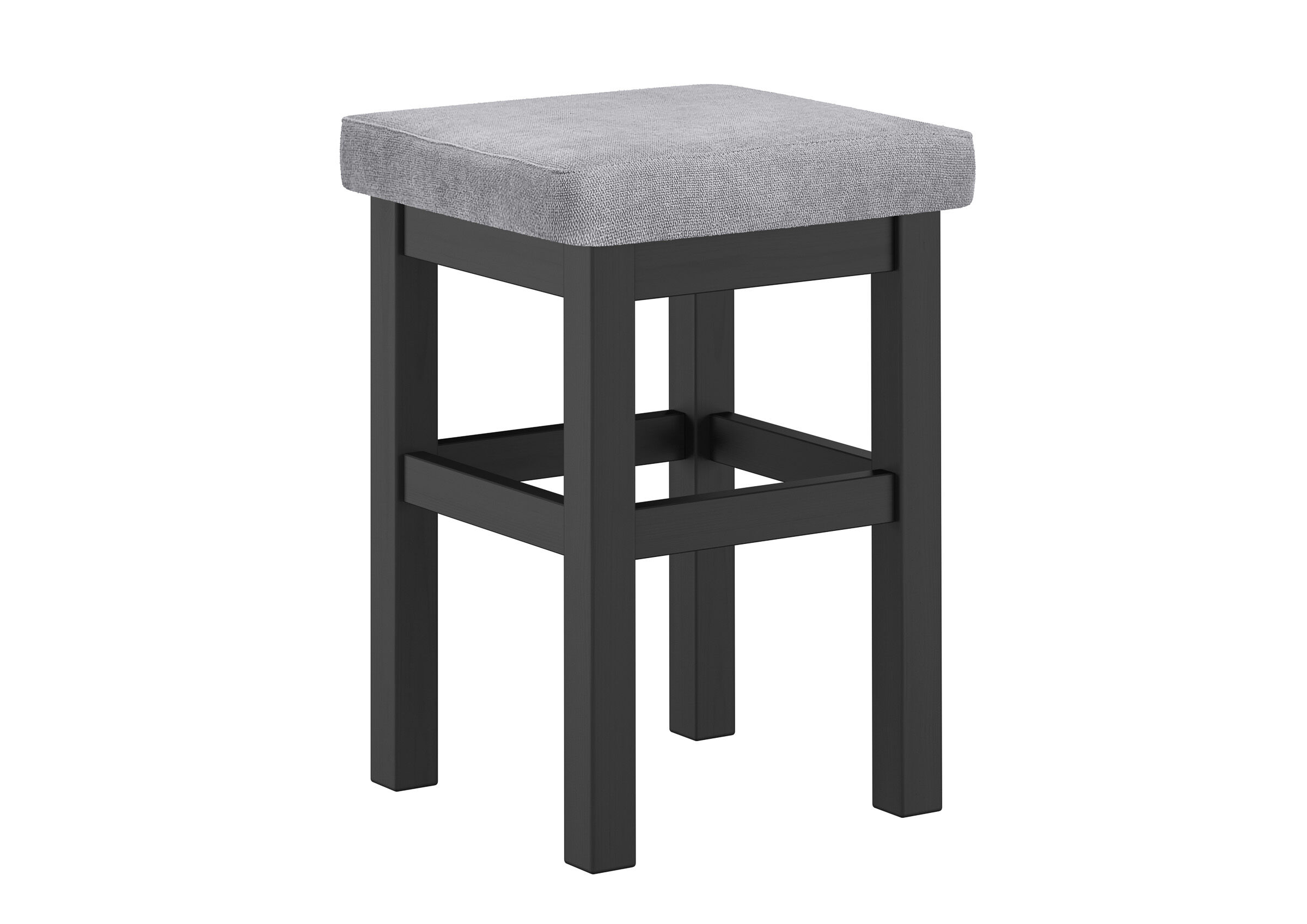Hocker, Stehindel, Kunststoff-Holz-Stuhl, grau, Stuhlsitz, Schwarzer Hocker aus Kiefer mit Sitzpolster