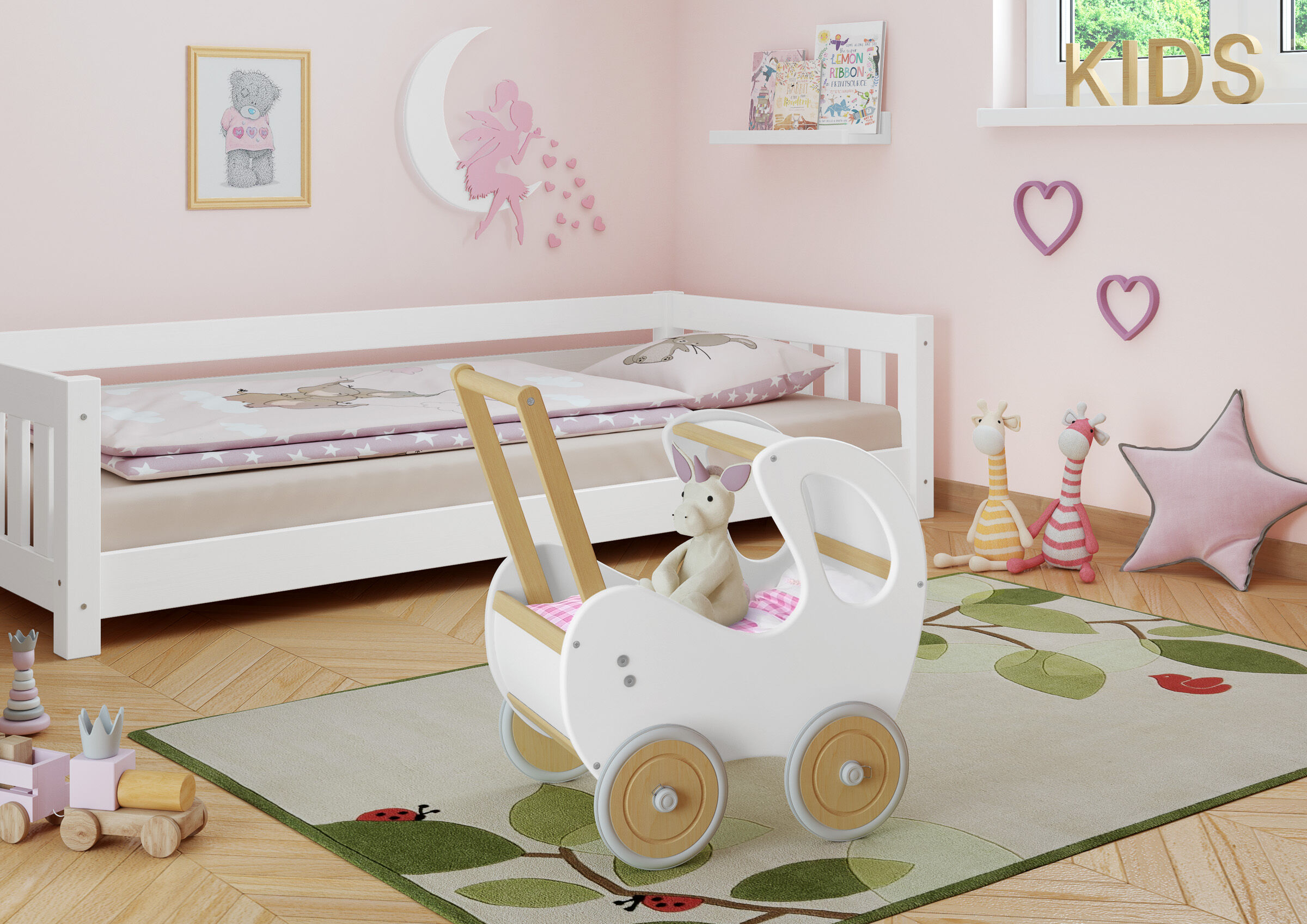 Kinderzimmer, Krippe, Bettenboden, Spielzeugwagen, Rosa Deko, Kinderzimmer mit Puppenwagen weiß