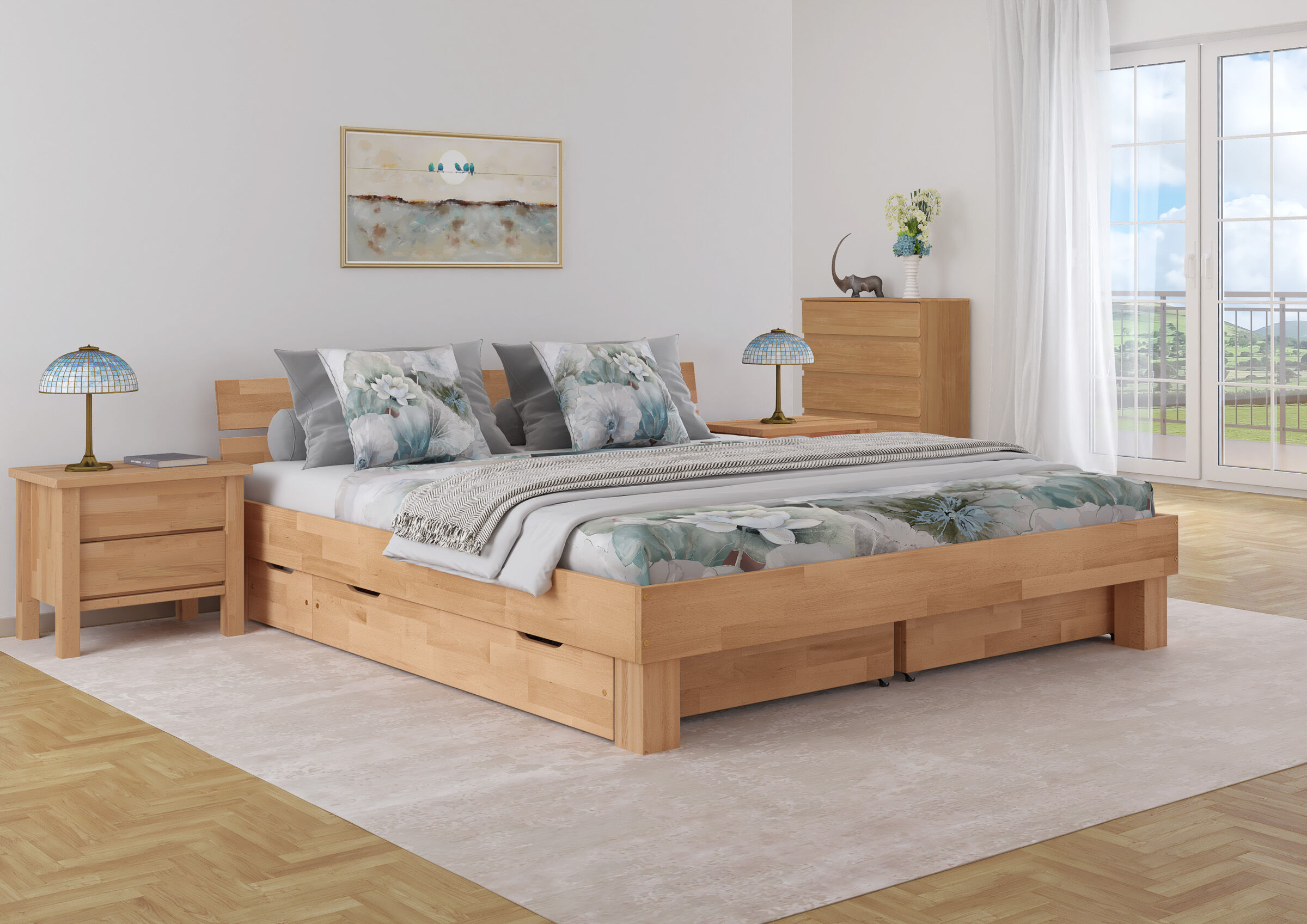 bett, boxspringbett, holzbettrahmen, bettwäsche, blumenmuster, Geraumige Bettkasten geteilt für Buche Doppelbett 180x200