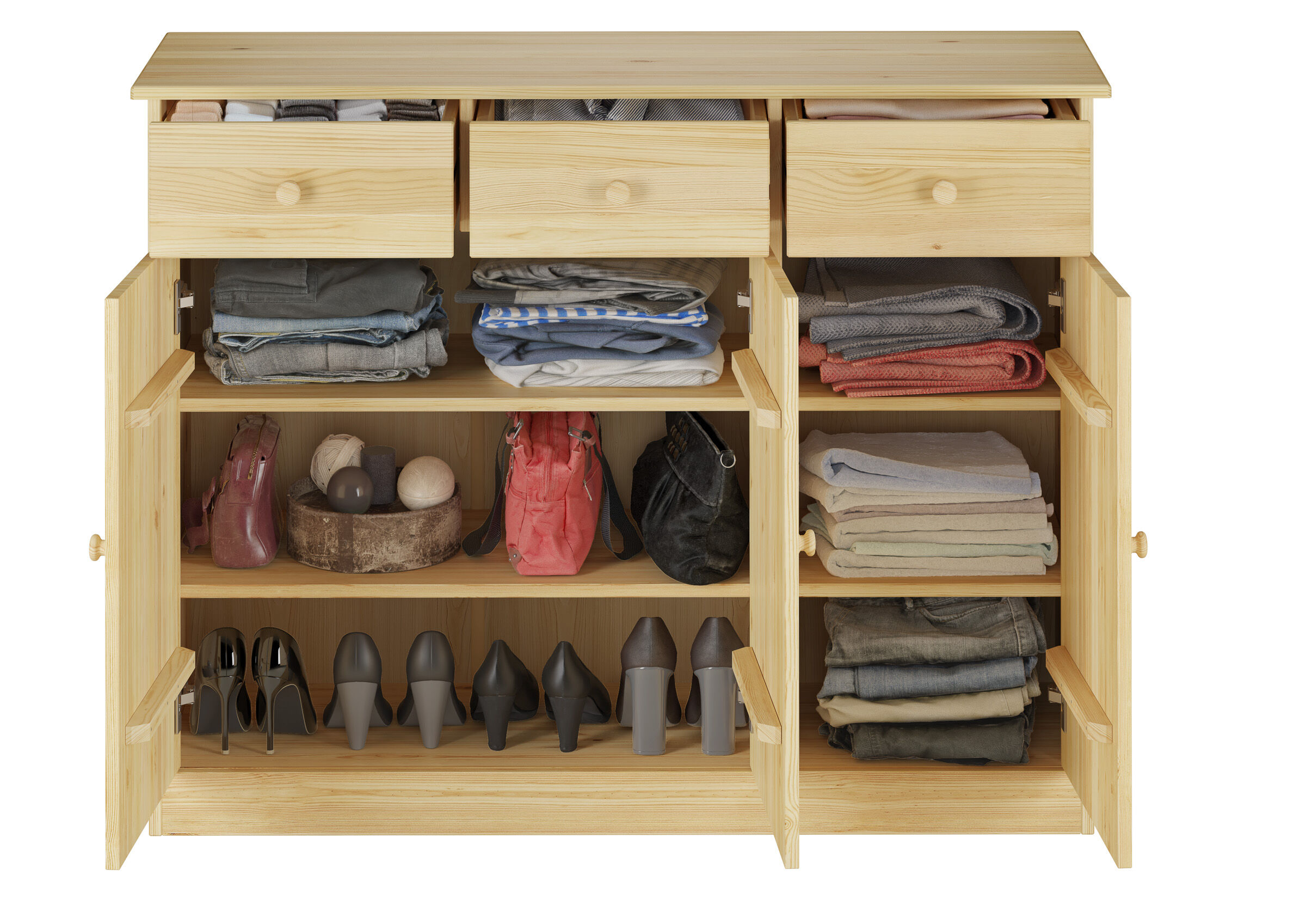 Schrank, Schuhschrank, Aufbewahrung, Holz, Kleidung, Kommode mit 3 Schubladen und 3 Türen aus Kiefer offen