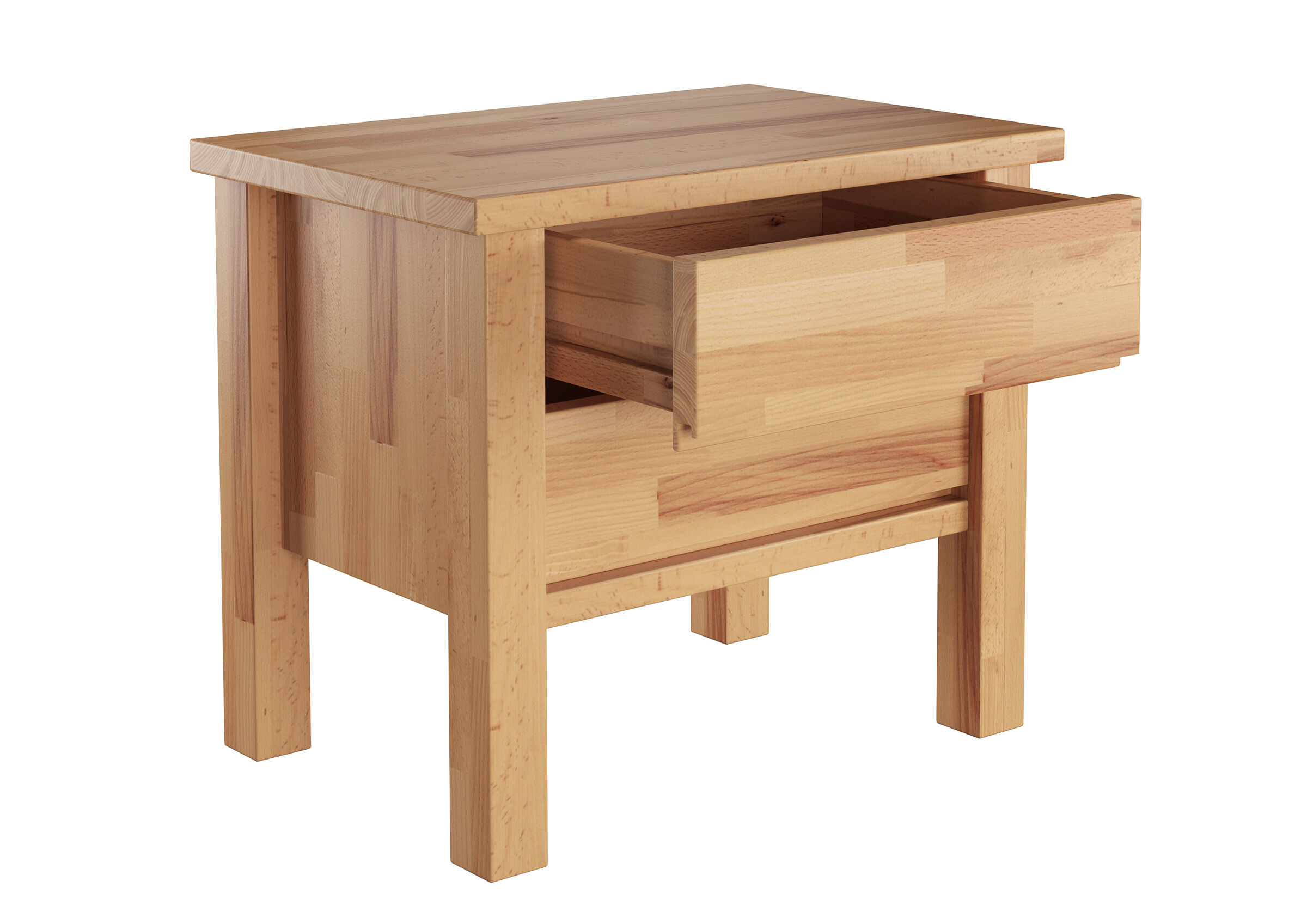 Nachttisch, Schublade, Holz, Massivholz, Naturholz, geöffnete Schublade