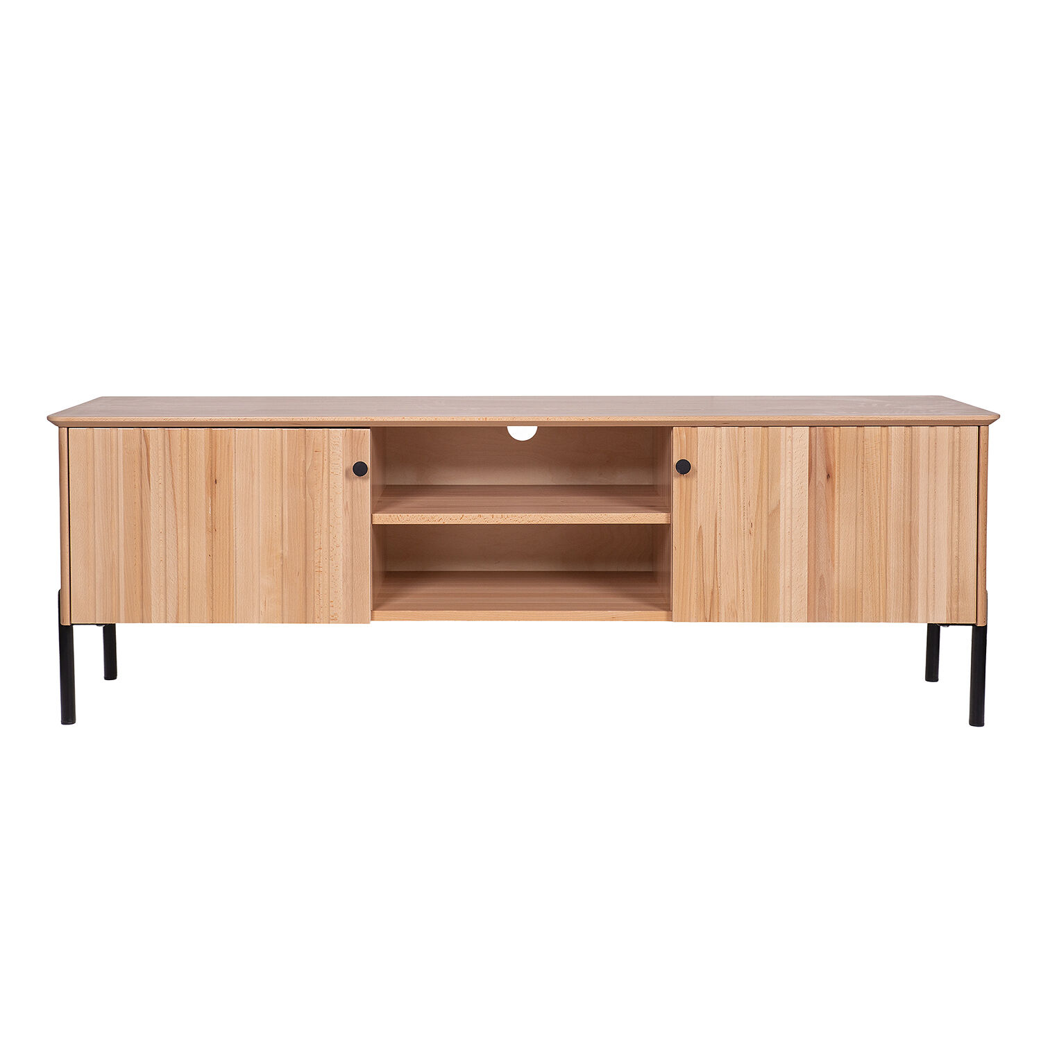 Lowboard, Teakholz, Holzgroßes TV-Möbel, Schubladen, Offenes Fach, Moderner Fernsehschrank mit 2 Türen und Ablagenfach