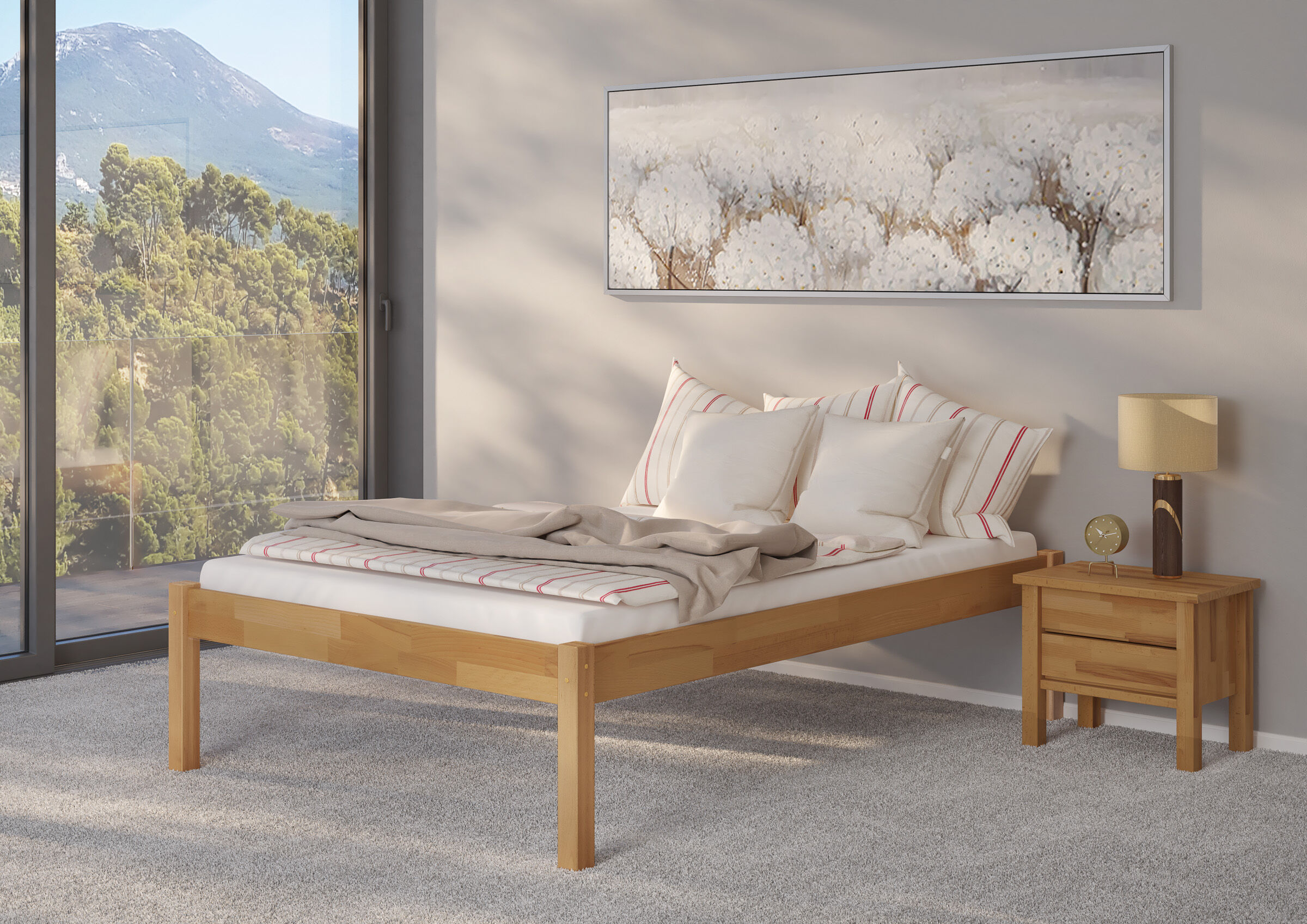 Innenarchitektur, Mobiliar, Kissen, Dekoration für Zuhause, Lampe, Buche Bett 140x200 cm mit erhöhten Füßen