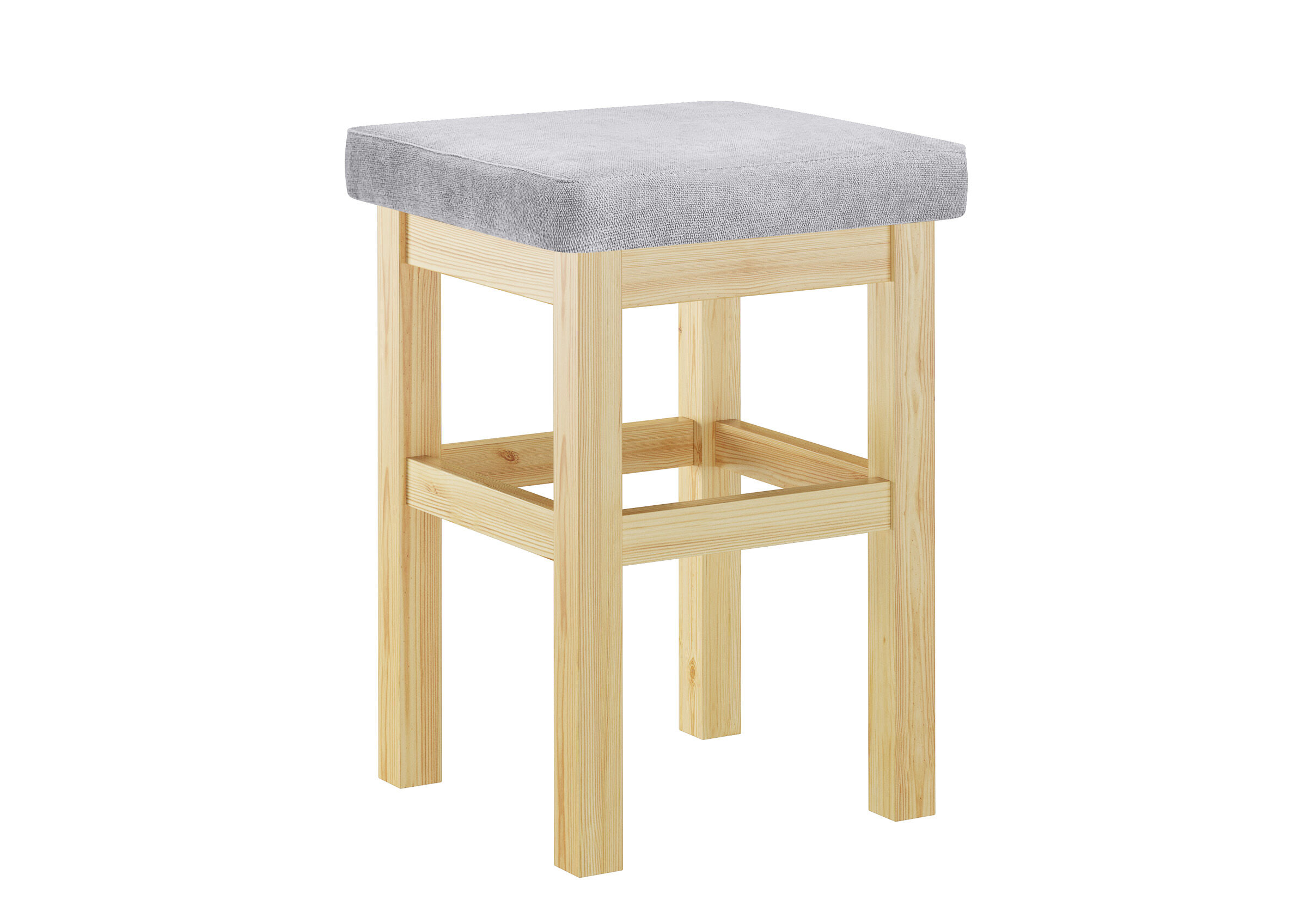 Hocker, Holzstuhl, Beige Holz, Stuhlbeinkonstruktion, Grau Bezug, Hocker mit Polstersitz hellgrau