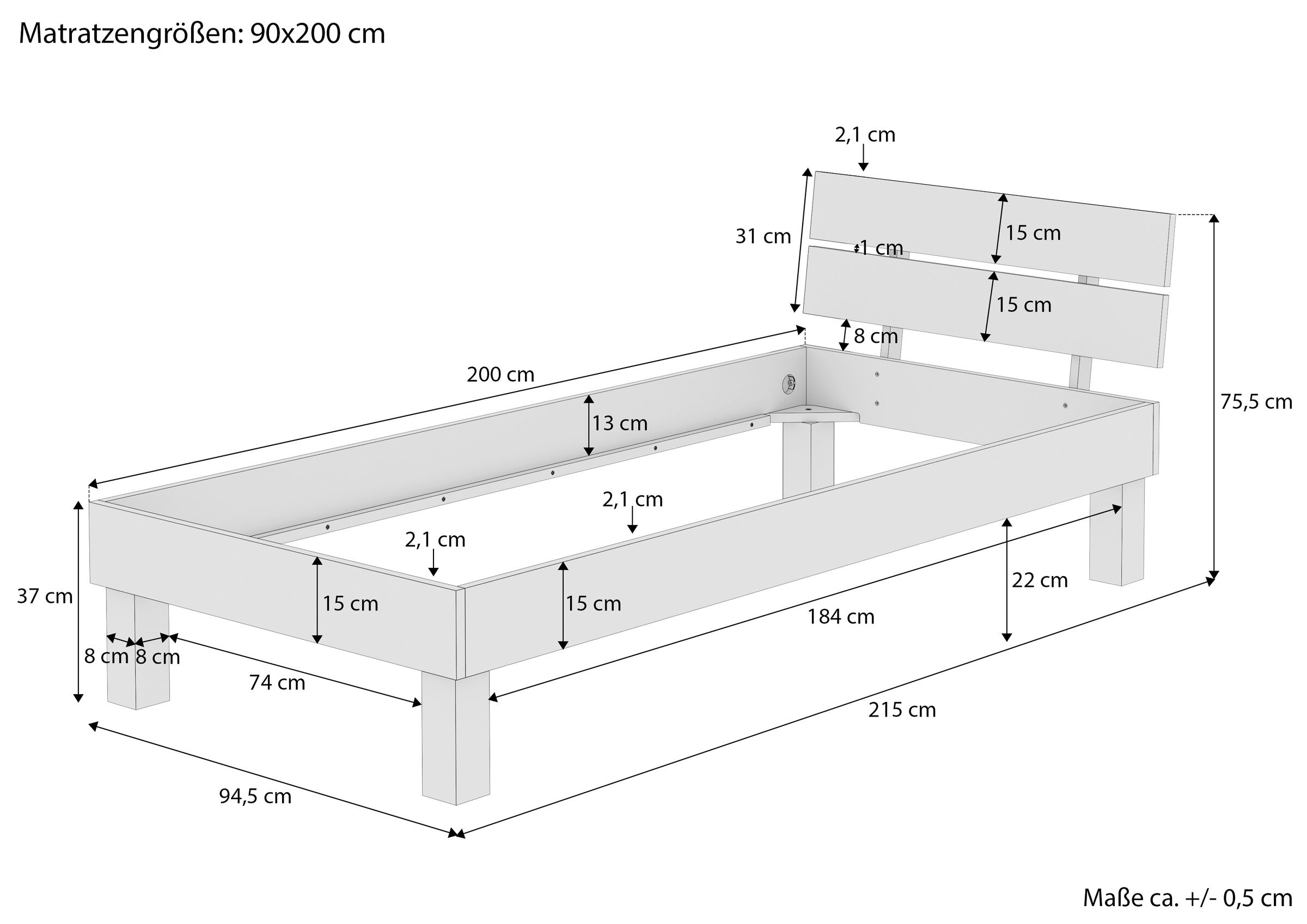 Holzbettgestell, Doppelbett, Lattenrost, Holzlatten, Kopfteil, Maße des Einzelbettes 90x200