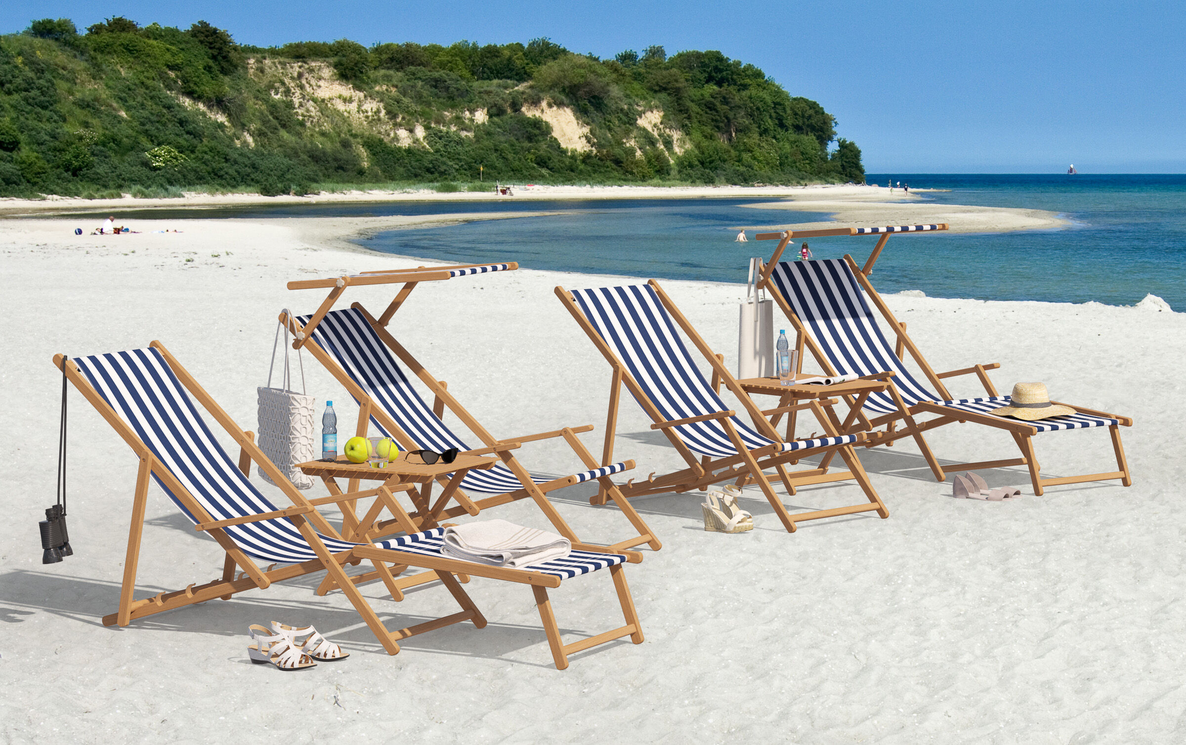 strandliegestühle, sonnenschutz, strand, meer, urlaubsmöbel, Schöne Strandstuhle aus Buche mit optionalem Ausstattung