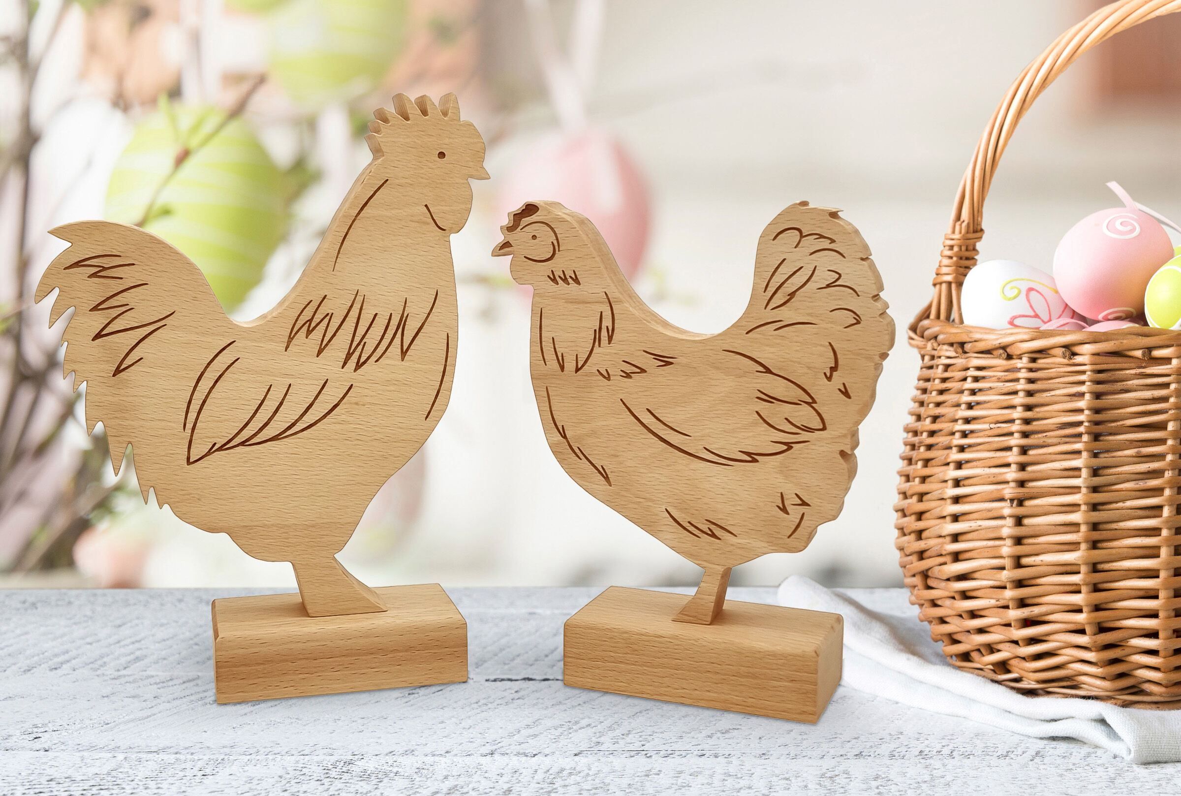 Hühnchen, Geflügel, Kunst, Kunsthandwerk, Tischdeko Hahn und Huhn aus Buche