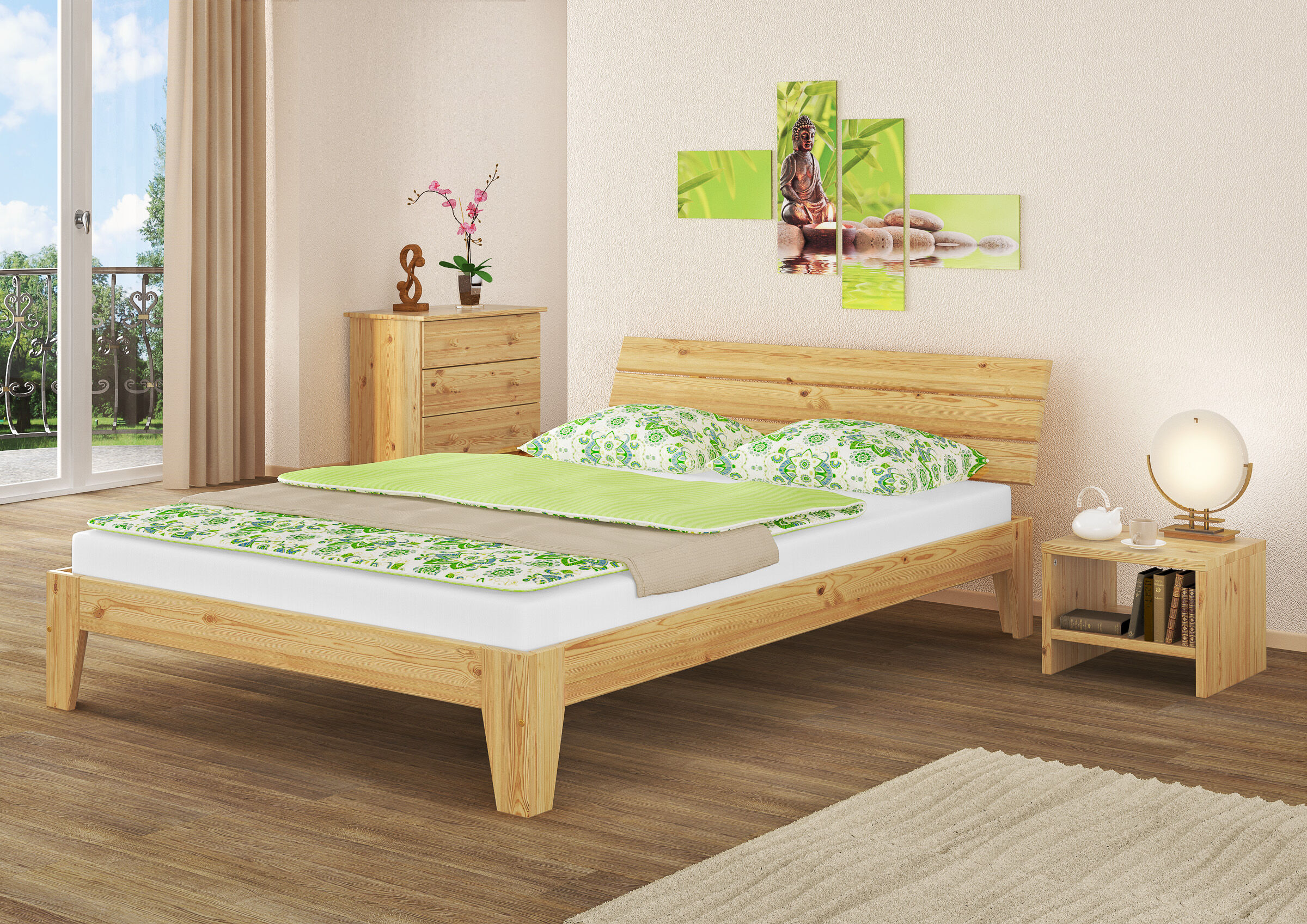 Bett, Holzbett, Nachttisch aus Holz, Bettgestell, Holzrahmen, Zimmerbild mit Futonbett Kiefer natur