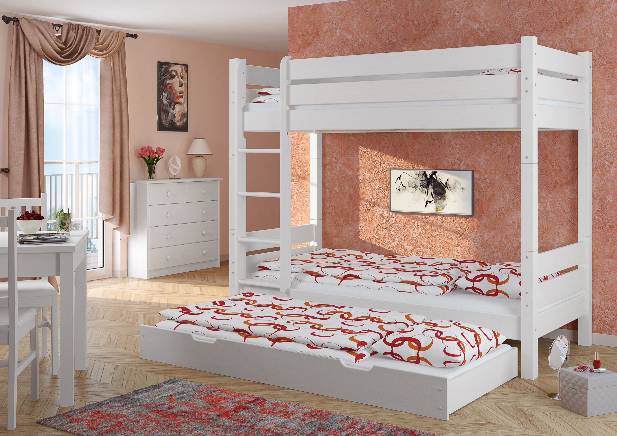 Etagenbett, Stockbett, Weißes Bett, Schublade/ausziehbares Bett, Bettzimmer, Schlafzimmerbild Etagenbett Kiefer weiß mit Gästebettkasten