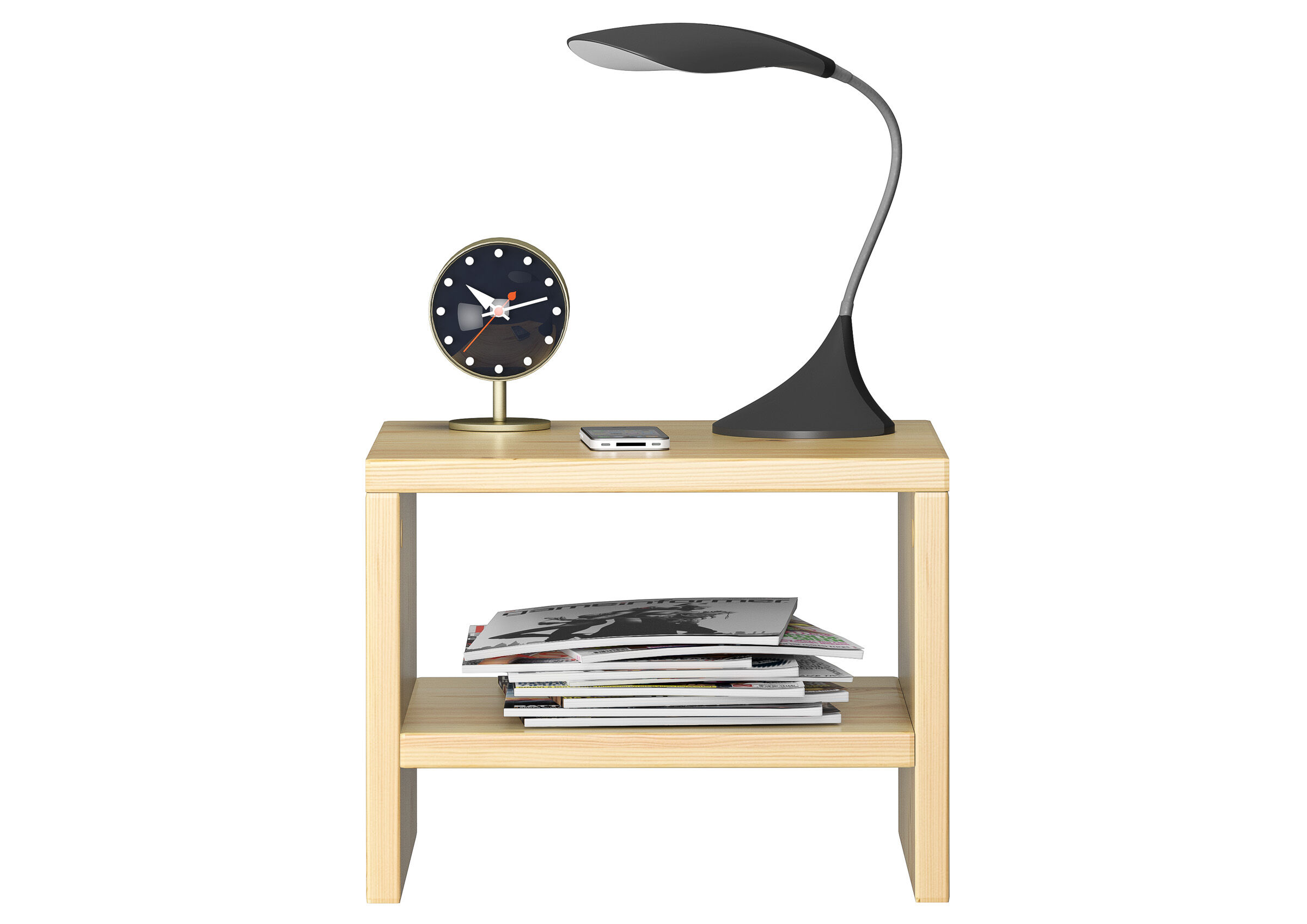 tisch, lampe, uhr, magazin, telefon, Nachttisch aus Kiefer mit offener Ablage