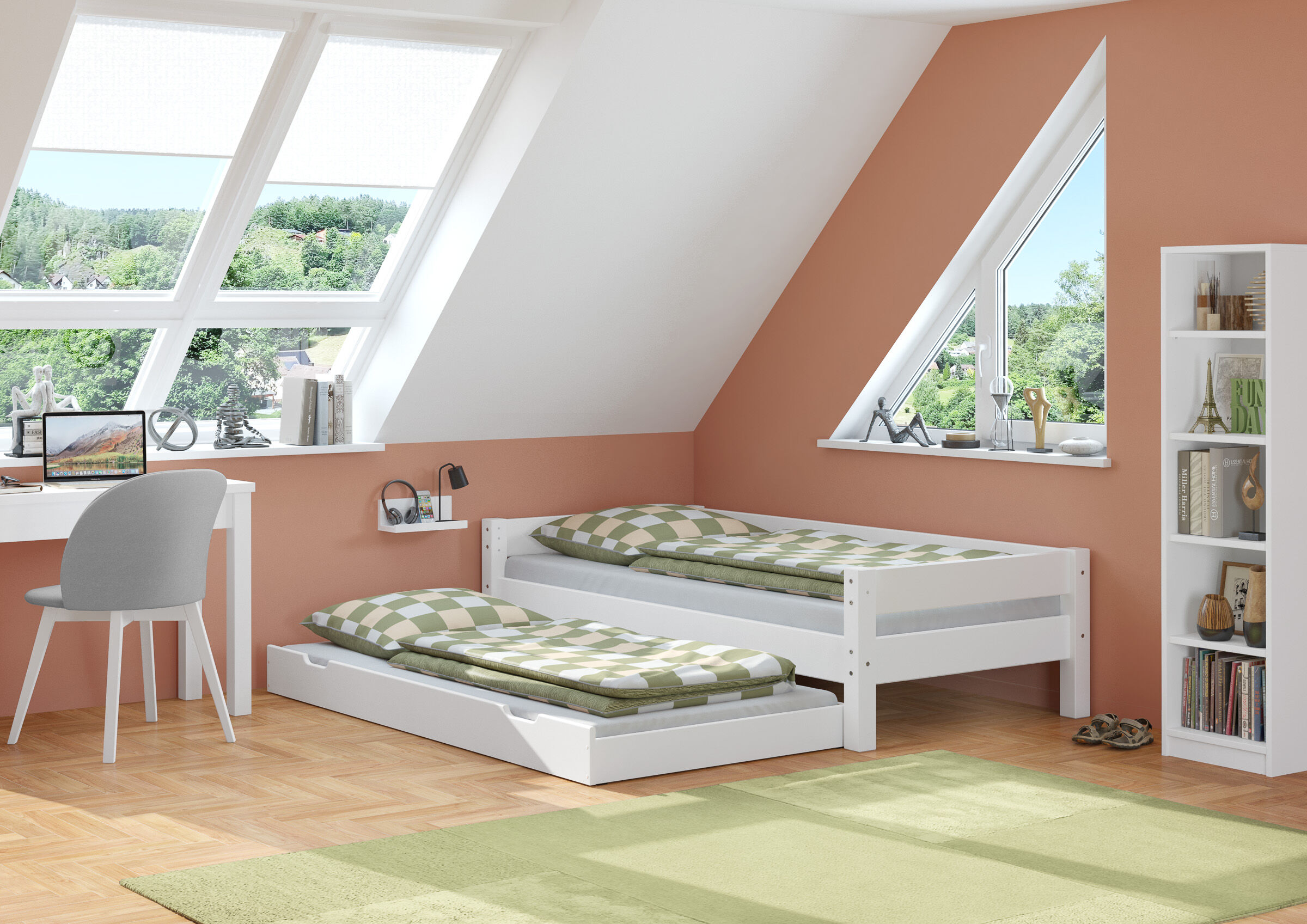 Kinderzimmer, Bett, Etagenbett, Kiefer, Sandfarbe, Kinderzimmerbild Kiefer Bett mit Gästebettkasten