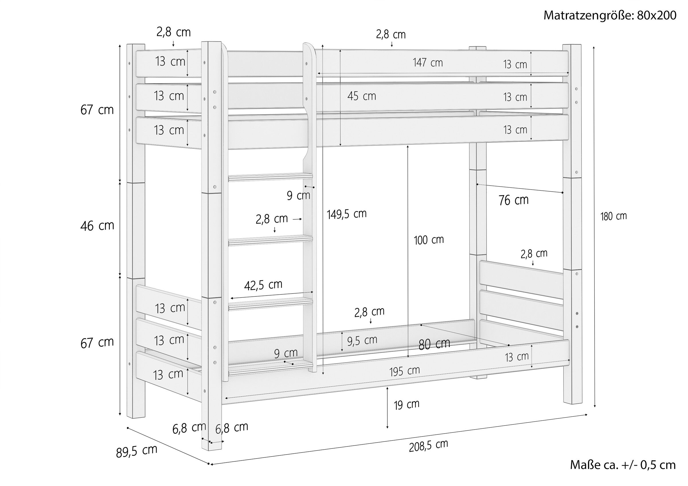Etagenbett, Holzbett, Kinderbett, Etagenbett mit Leiter, Massivholz, Skizzenmaß Etagenbett 80x200
