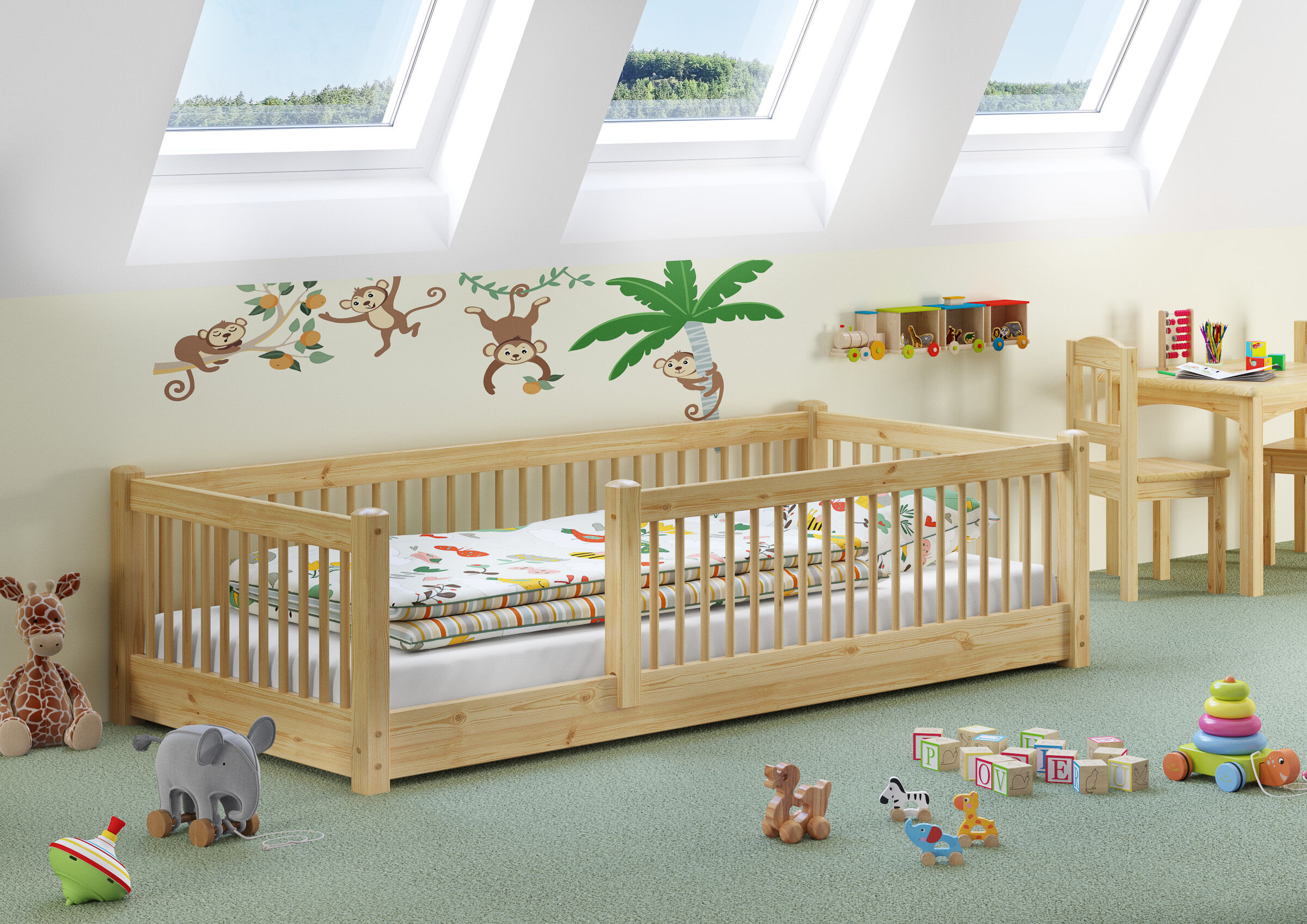 Babybett, Holz-Krippe, Kinderzimmer-Deko, Affe Wandaufkleber, Spielzeug im Spielzimmer, Kinderzimmer einrichten