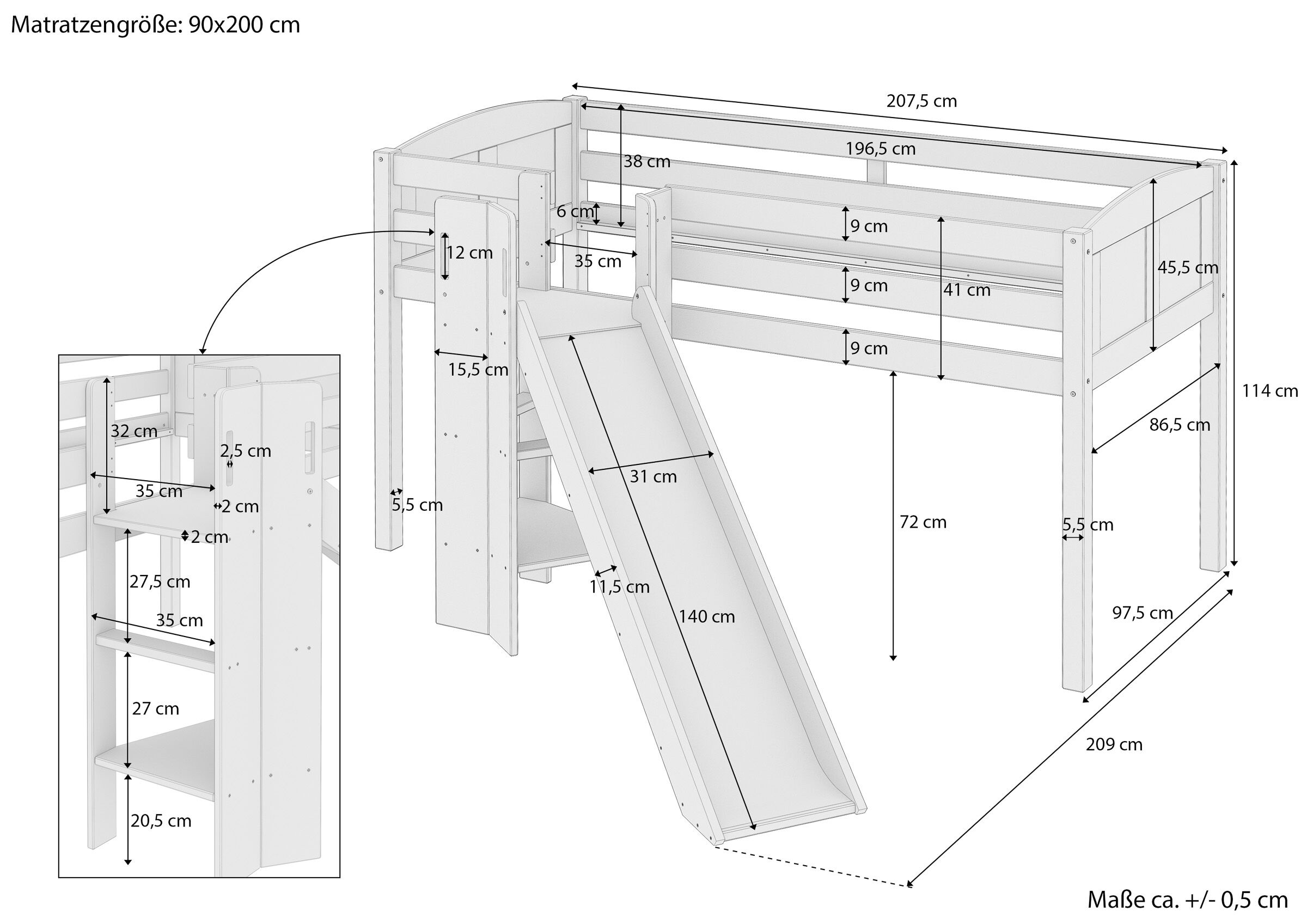 Etagenbett, Juniorbett, Holzbettrahmen, Aufbewahrungsschränke, Schlupf-/Rutschenbett, Maße Spielbett Kinder 90x200