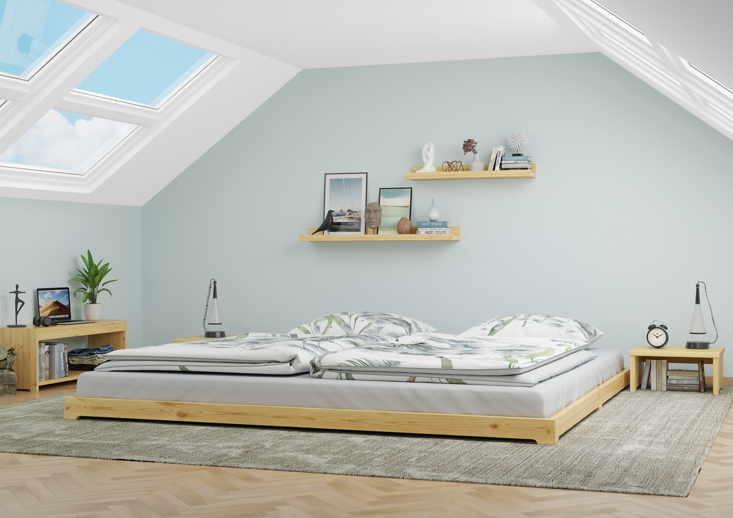 bettenrahmen, doppelbett, bettgestell, holzbeton, bettwäsche-muster,