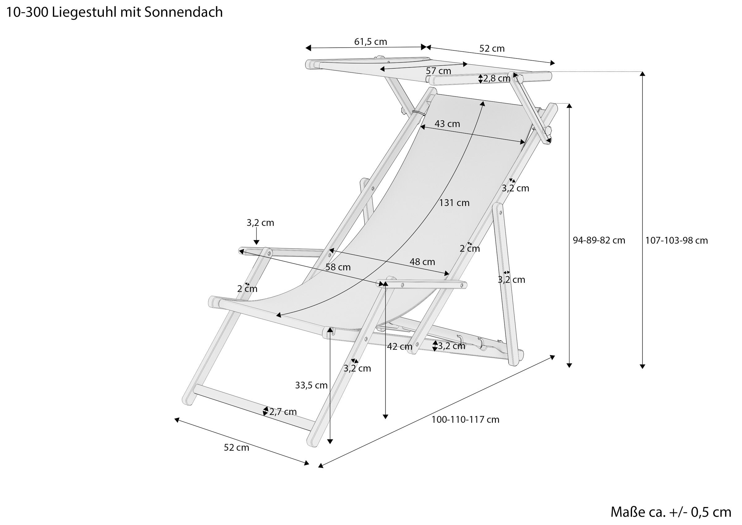 Liegestuhl, Sonnendach, Klappstuhl, Sonnenliege, Gestell aus Holz, Maßskizze der Strandliege mit Sonnendach
