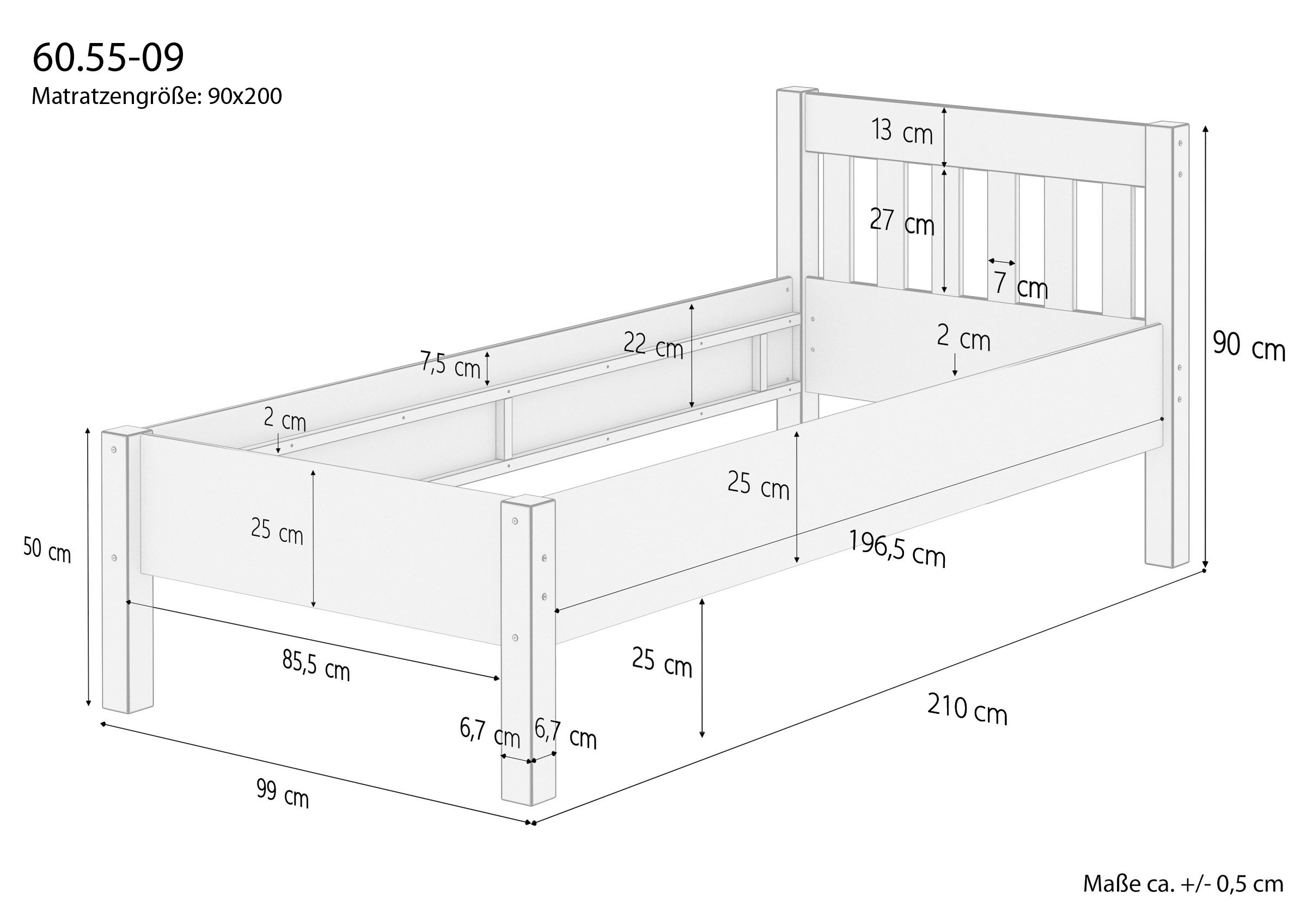 Einzelbett, Holzbett, Kinderbett, Rausfallschutz, Lattenroste/Bettrahmen, Skizze mit Maße Seniorenbett