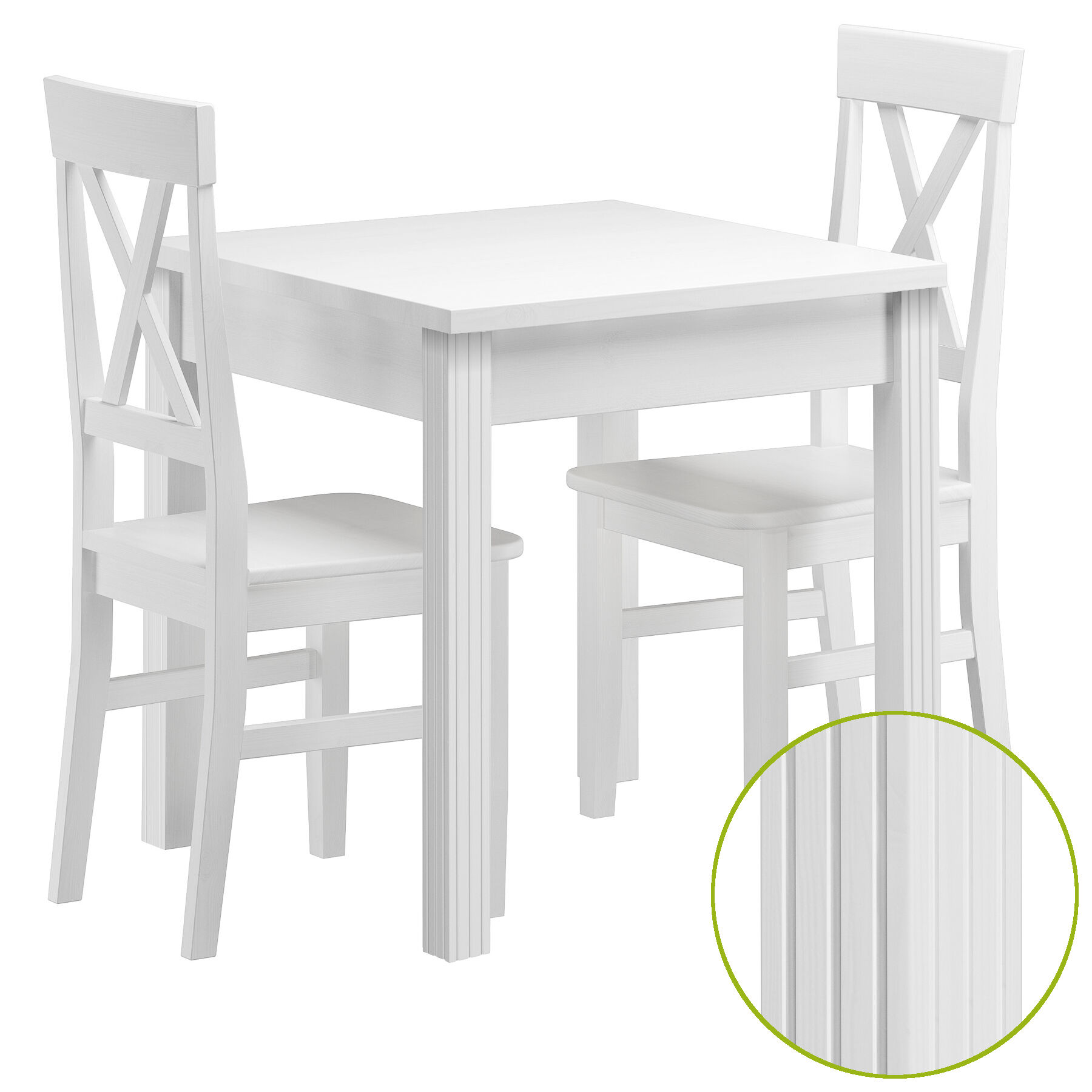 Esstisch-Set, Holztisch, weißer Tisch, Tischbeine, Stühle mit X-Rahmen,