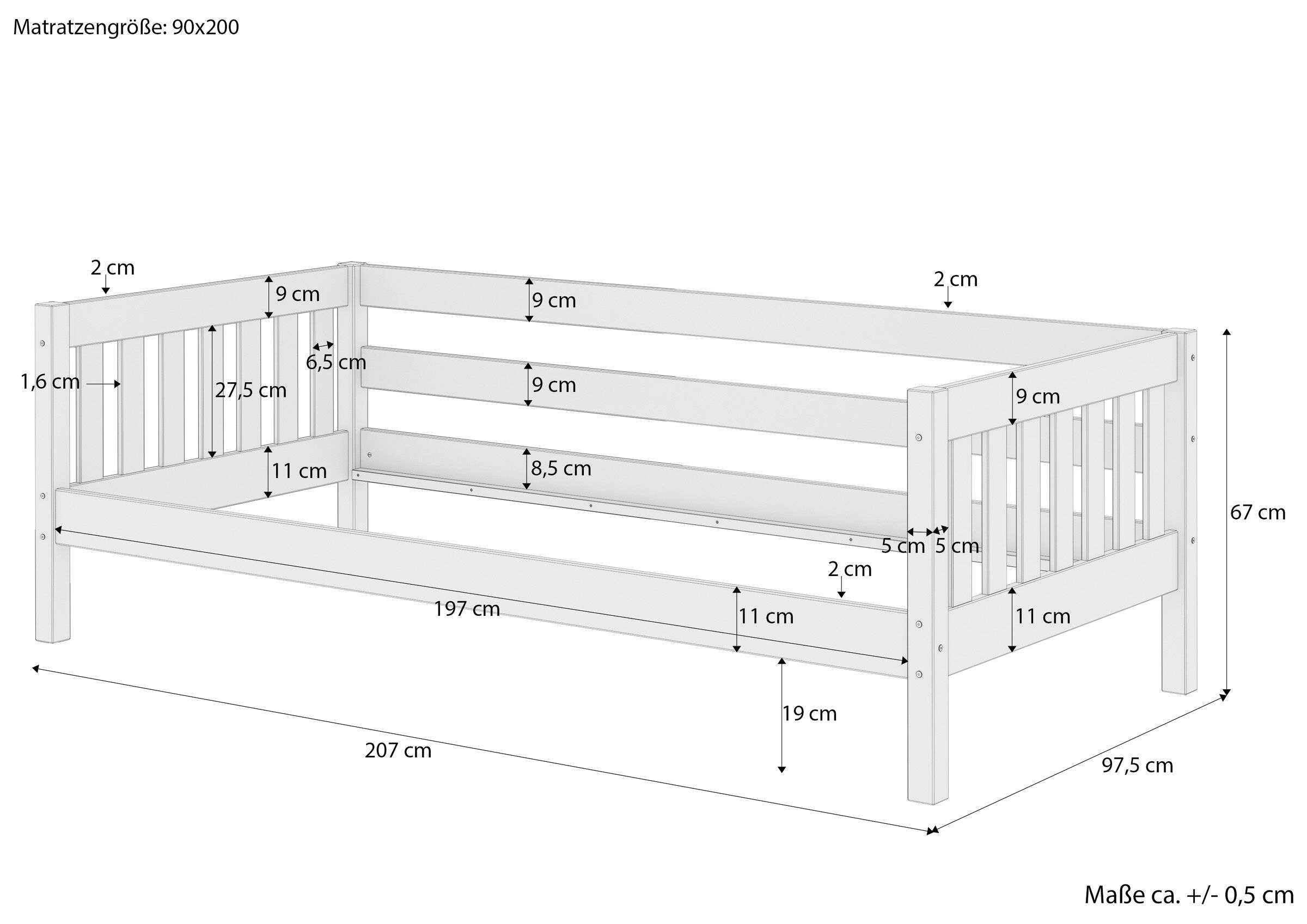 Maßbett, Etagenbett, Holz, Kiefer, Maße 90x200, Skizze mit Maße