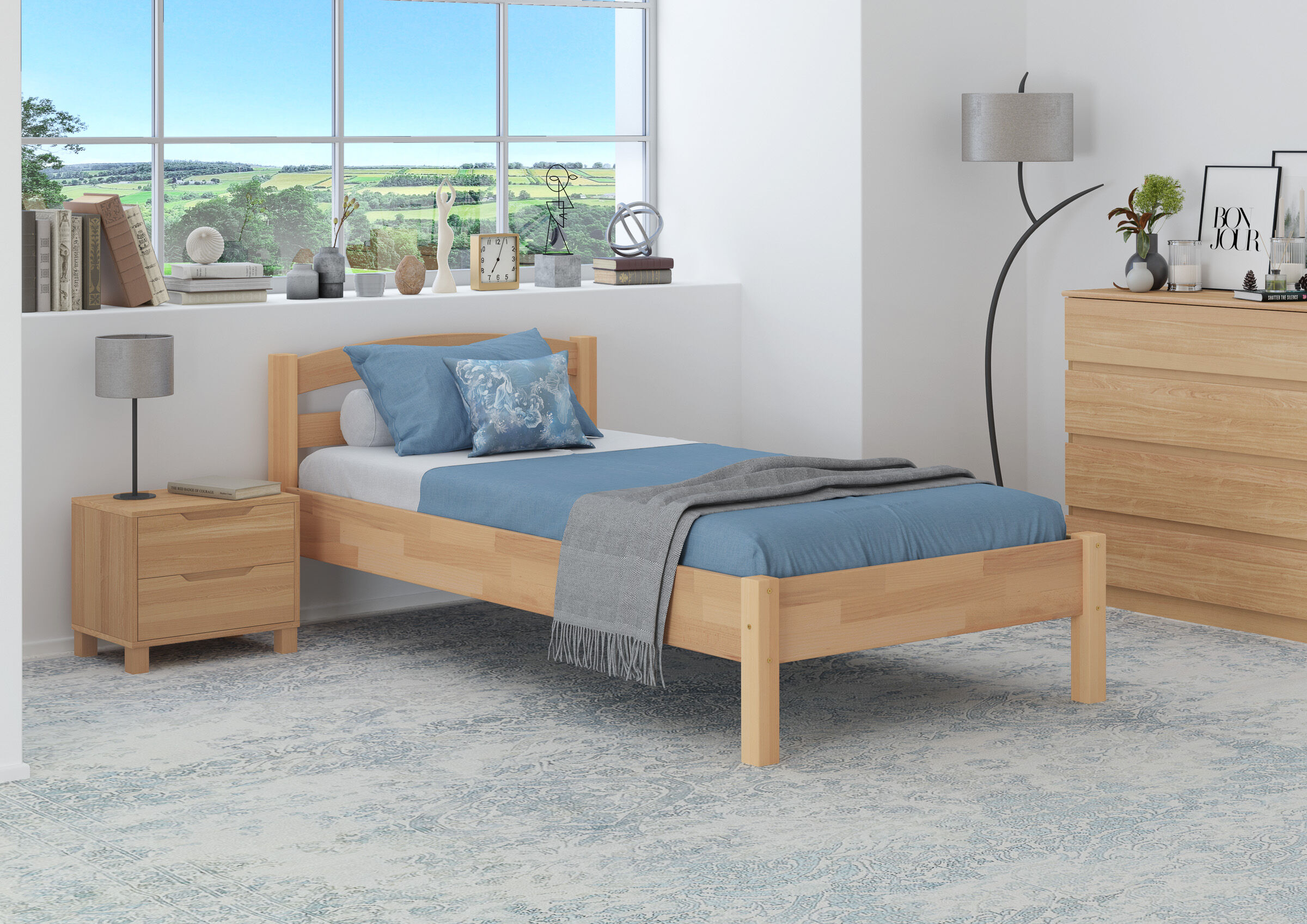 bett, holzbett, blaues Bettzeug, nachttisch, lampen, Zimmerbild des überlangen Massivholzbettes 100x220