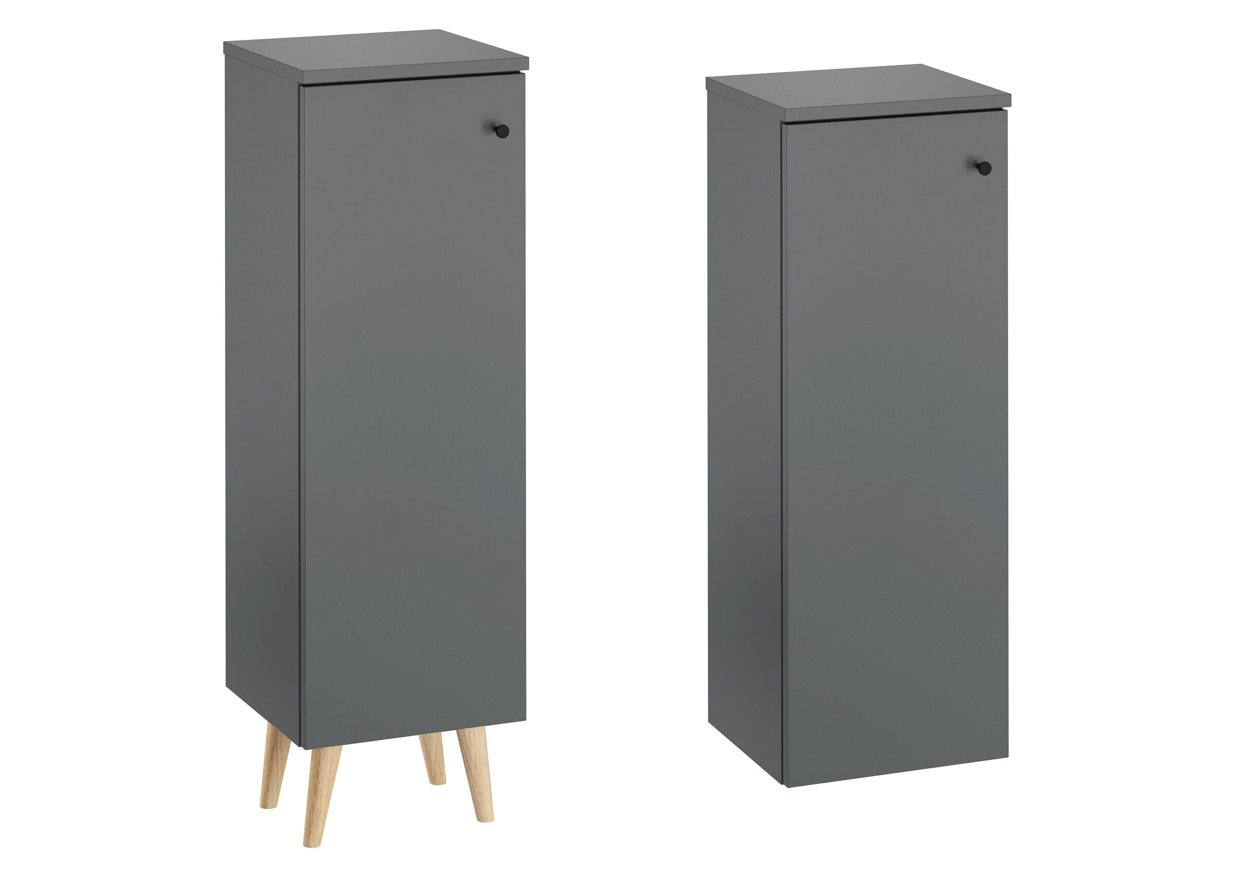 Schrank, Wäscheschrank, Metalltür, Holzbeine, grau, grauer schmaler Badezimmerschrank