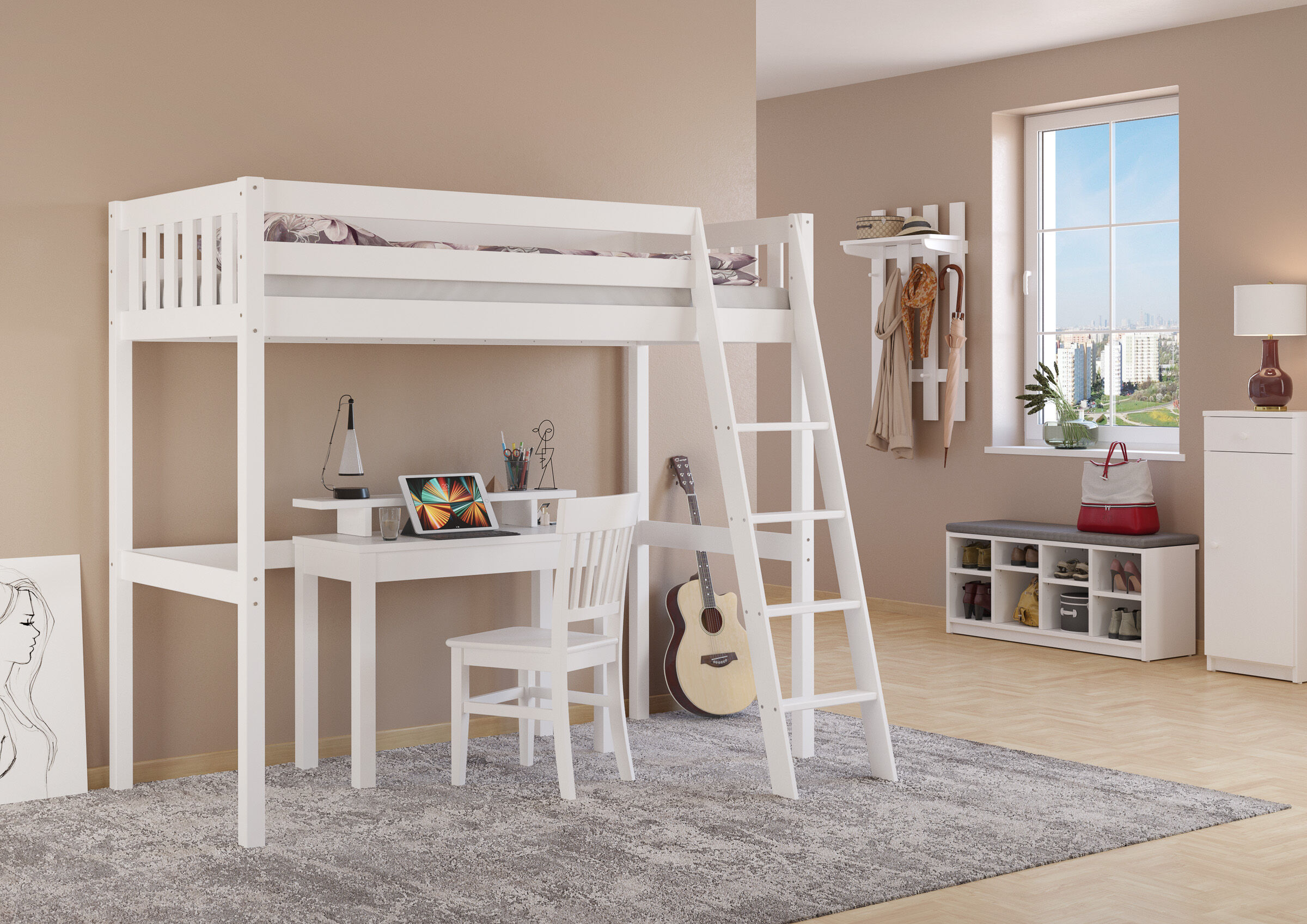hochbett, weiß, Schreibtisch, Gitarre, Schuhe, Zimmerbild des Hochbettes 90x200 aus Kiefer