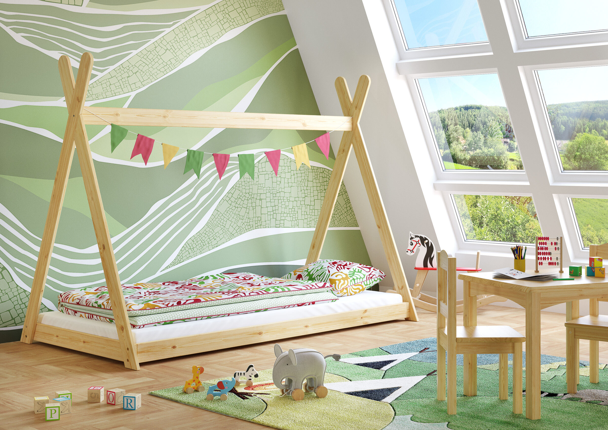 Kinderzimmer, Holzbett, Etagenbett, Wandtapete, Spielzeug, Schönes Tipi-Bett 90x200 mit Dach