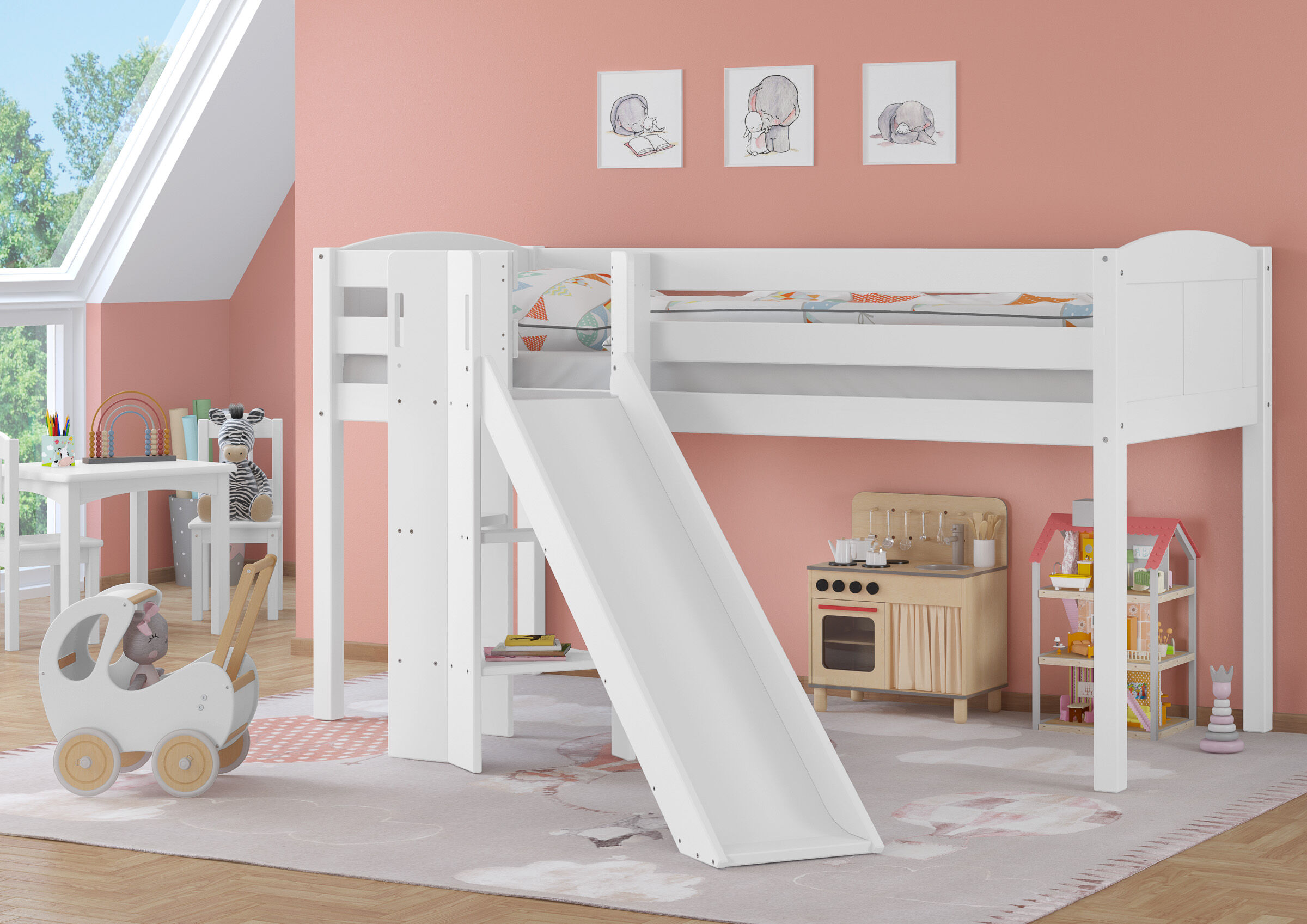 Hochbett, Kletterrutsche, Holz, Weiß, Kinderzimmer, weißes Kinderbett 90x200