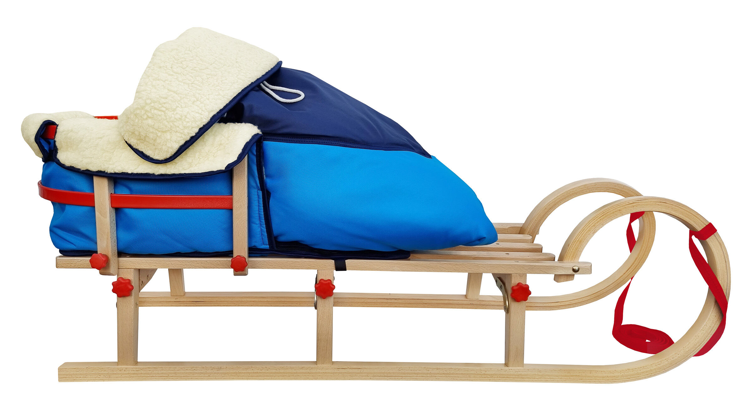 Schlitten, Ski-Schlitten, Schlitten mit Fell, blaue Schlafsackhülle, Holzschlitten, Hörnerschlitten mit Fußsack
