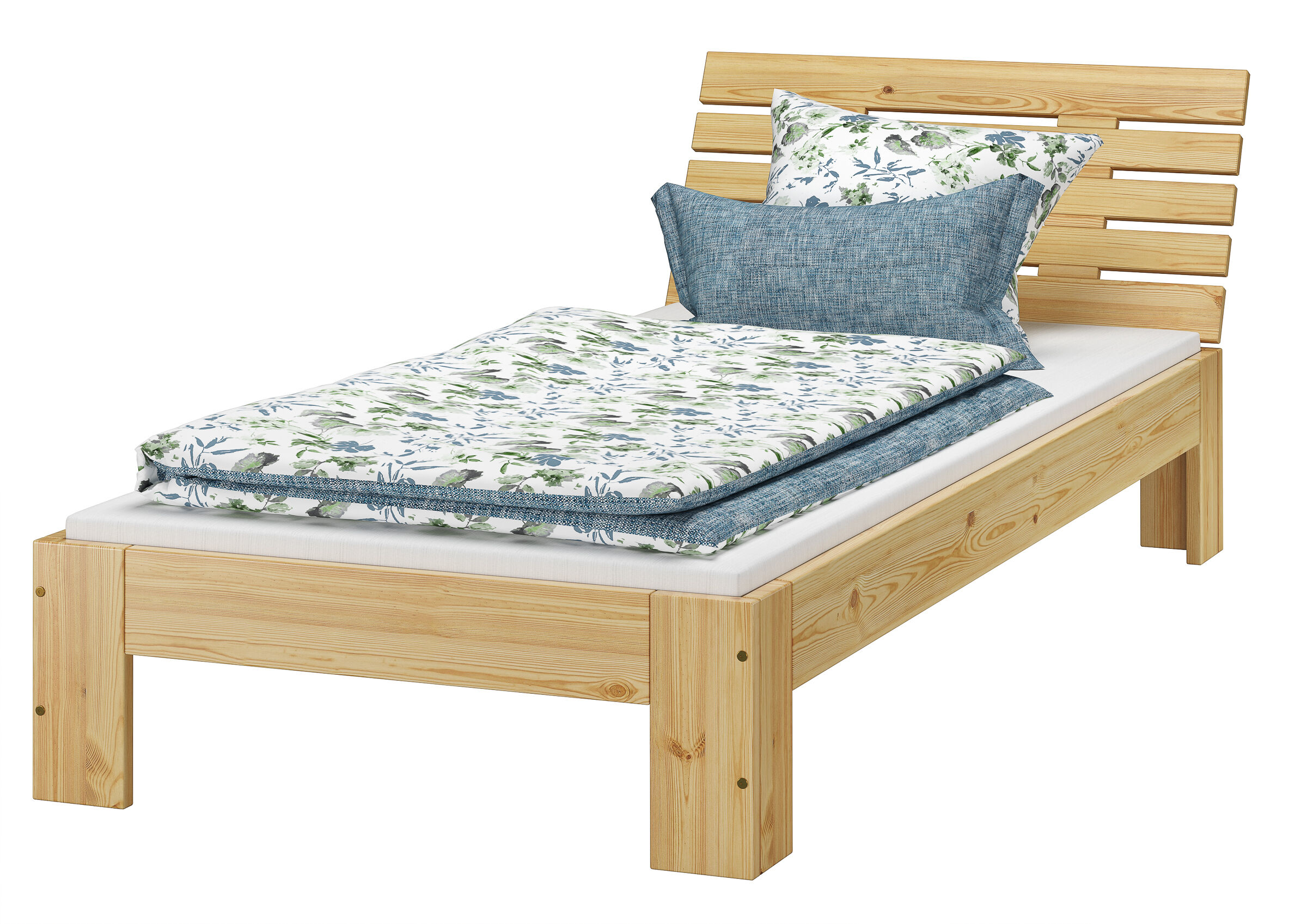 Holzbett, Kinderbett, Bettrahmen, Holzbettgestell, Blumenmuster, Einzelbett Kiefer natur mit Matratze