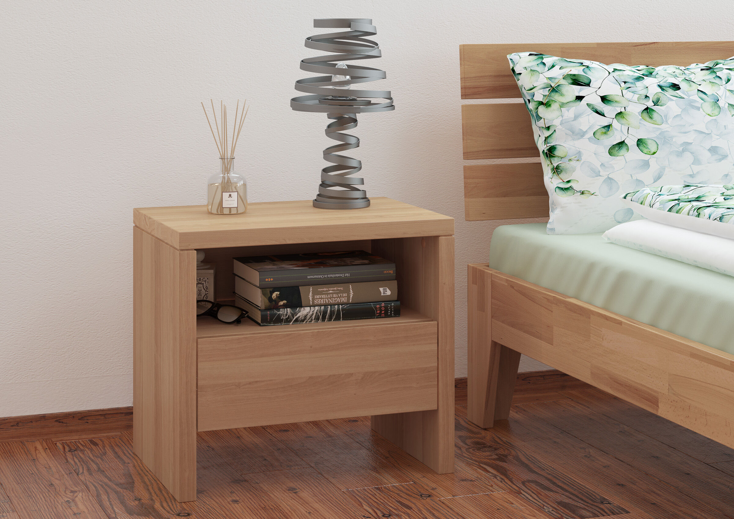 Nachttisch, Holz, Aufbewahrung, Bücher, Lampe, Vollholz-Bettkommode-Buche